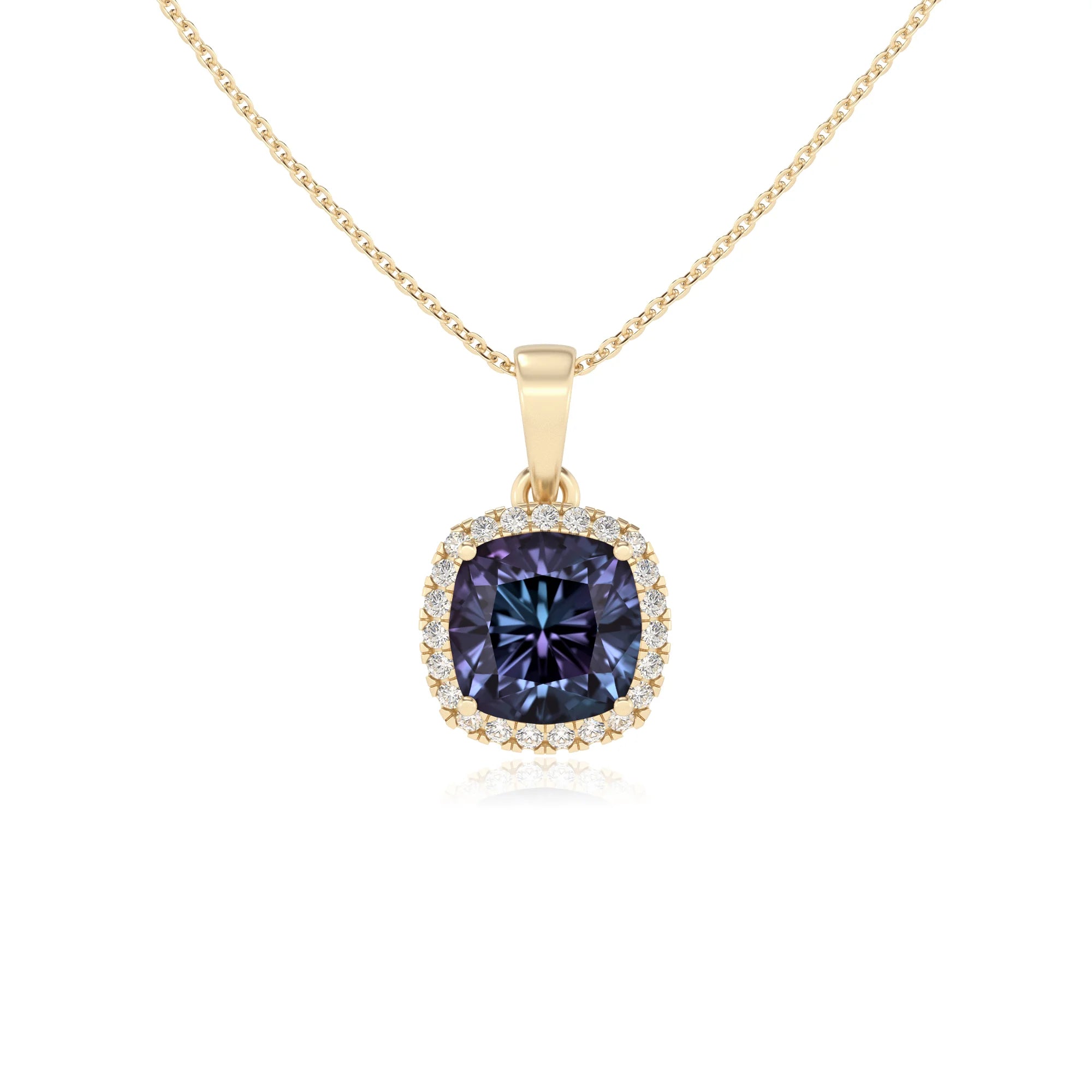 lab grown alexandrite cushion solitaire necklaces in yellow gold