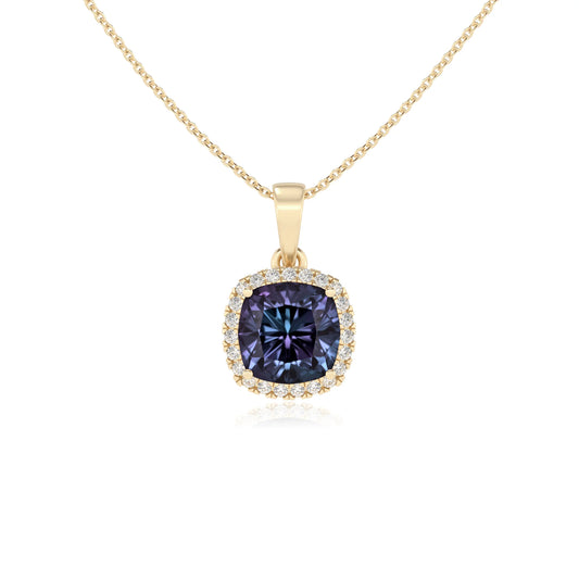 lab grown alexandrite cushion solitaire necklaces in yellow gold