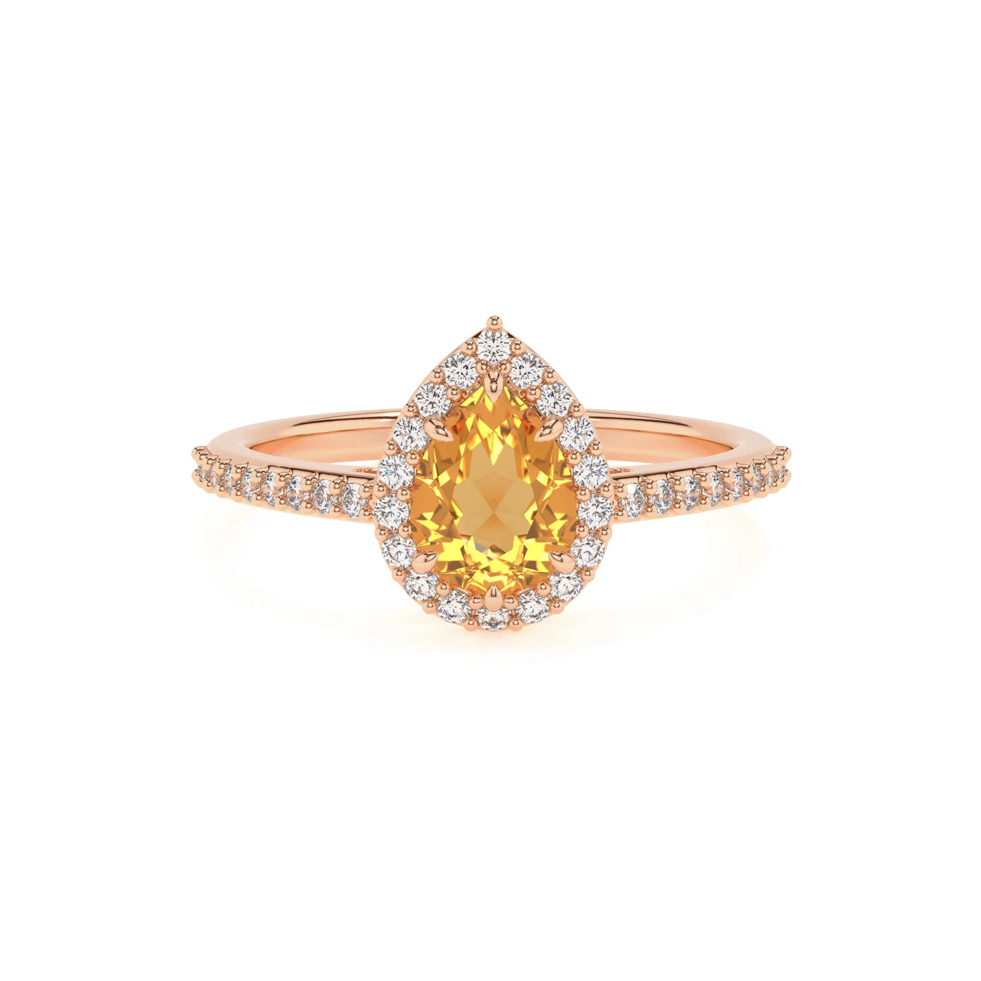 lab grown citrine pear solitaire rings in rose gold