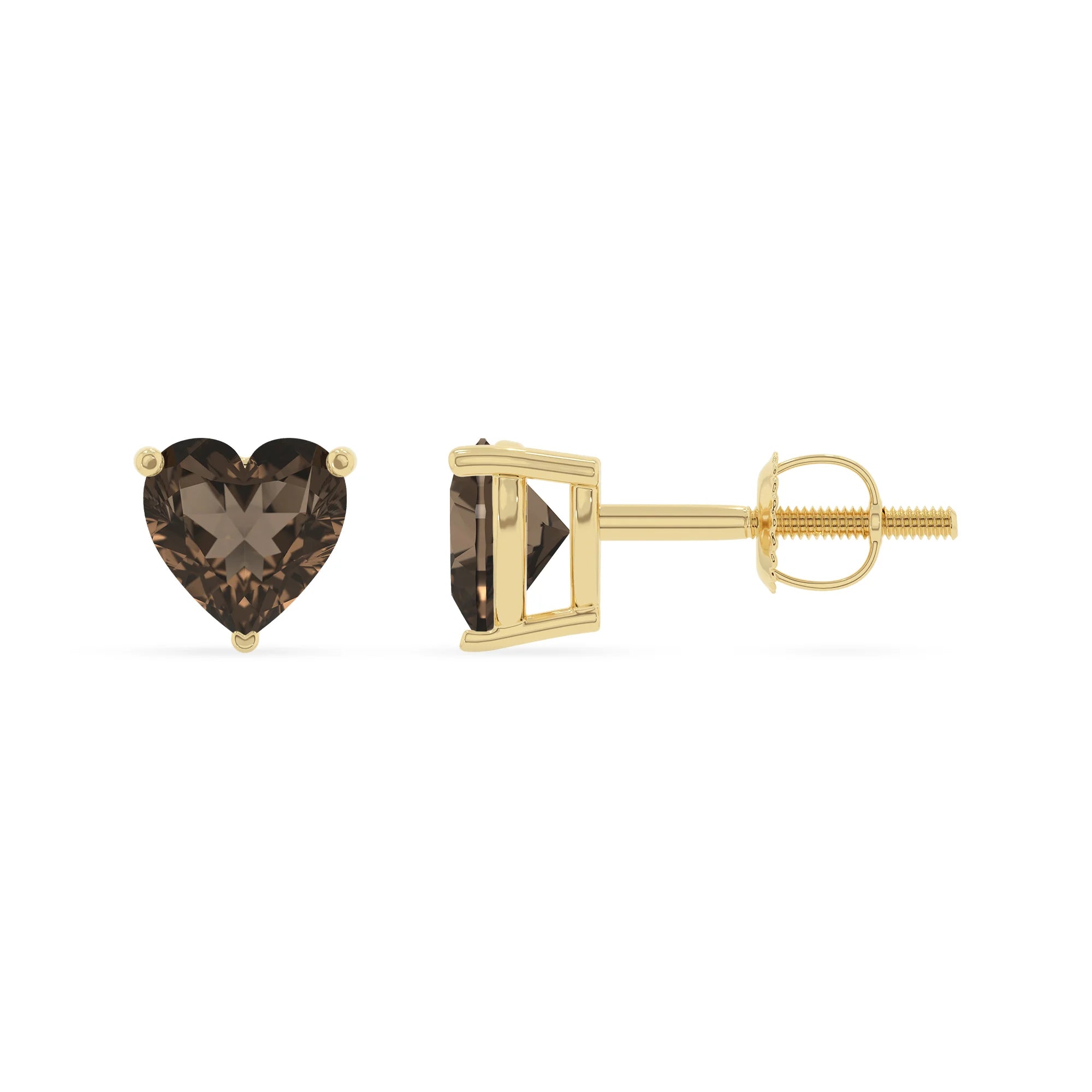 natural smoky quartz heart stud earrings in yellow gold