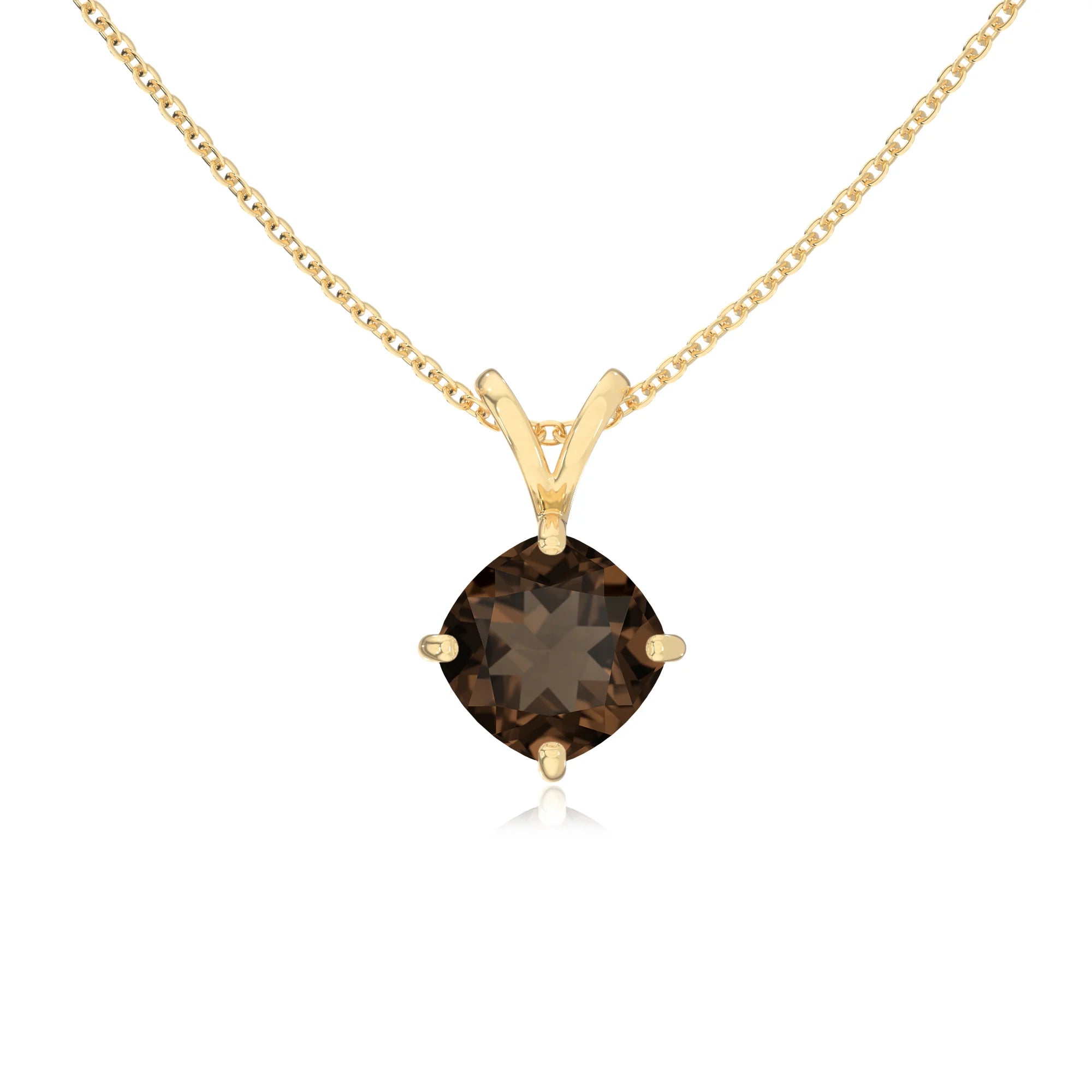 natural smoky-quartz cushion solitaire v-bale necklaces in yellow gold