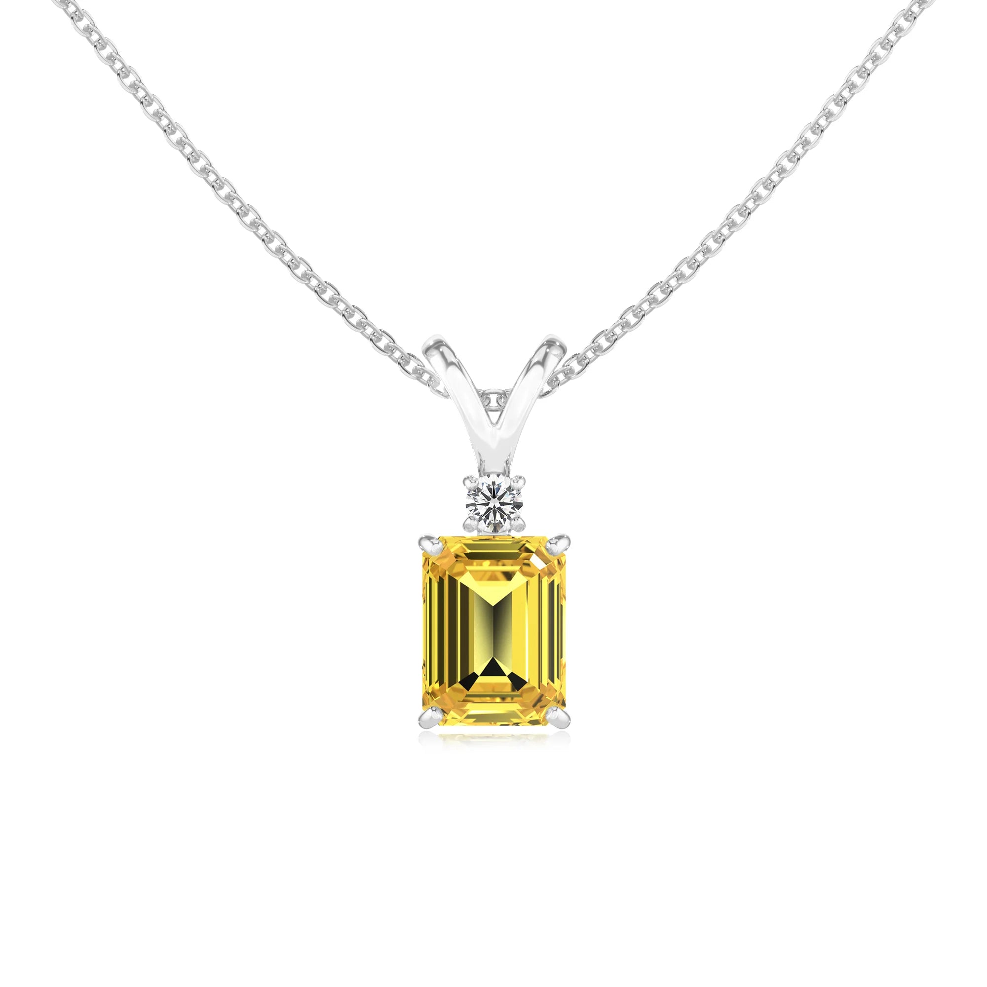 lab grown yellow-sapphire emerald cut solitaire v-bale necklaces in white gold