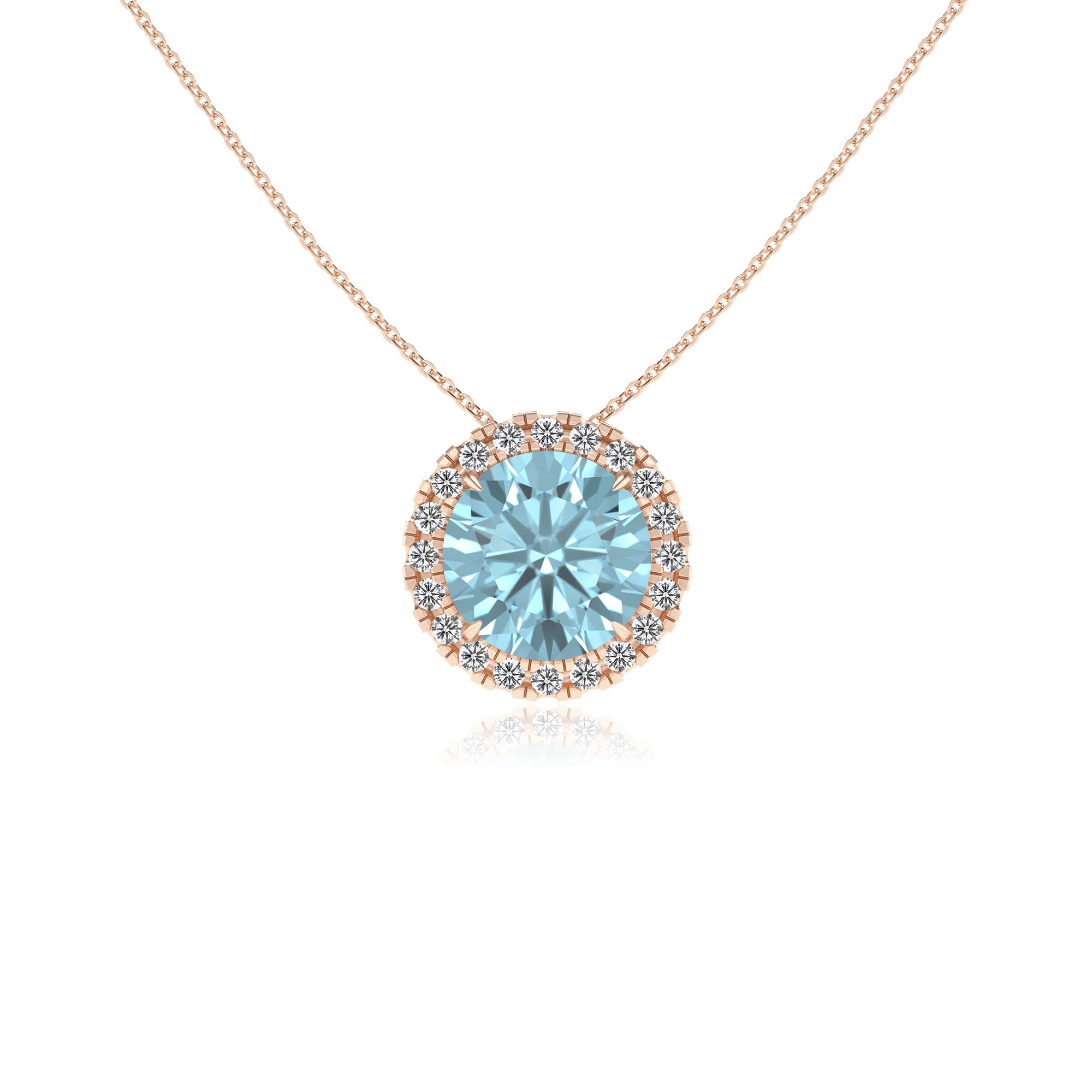 lab grown aquamarine round solitaire necklaces in rose gold
