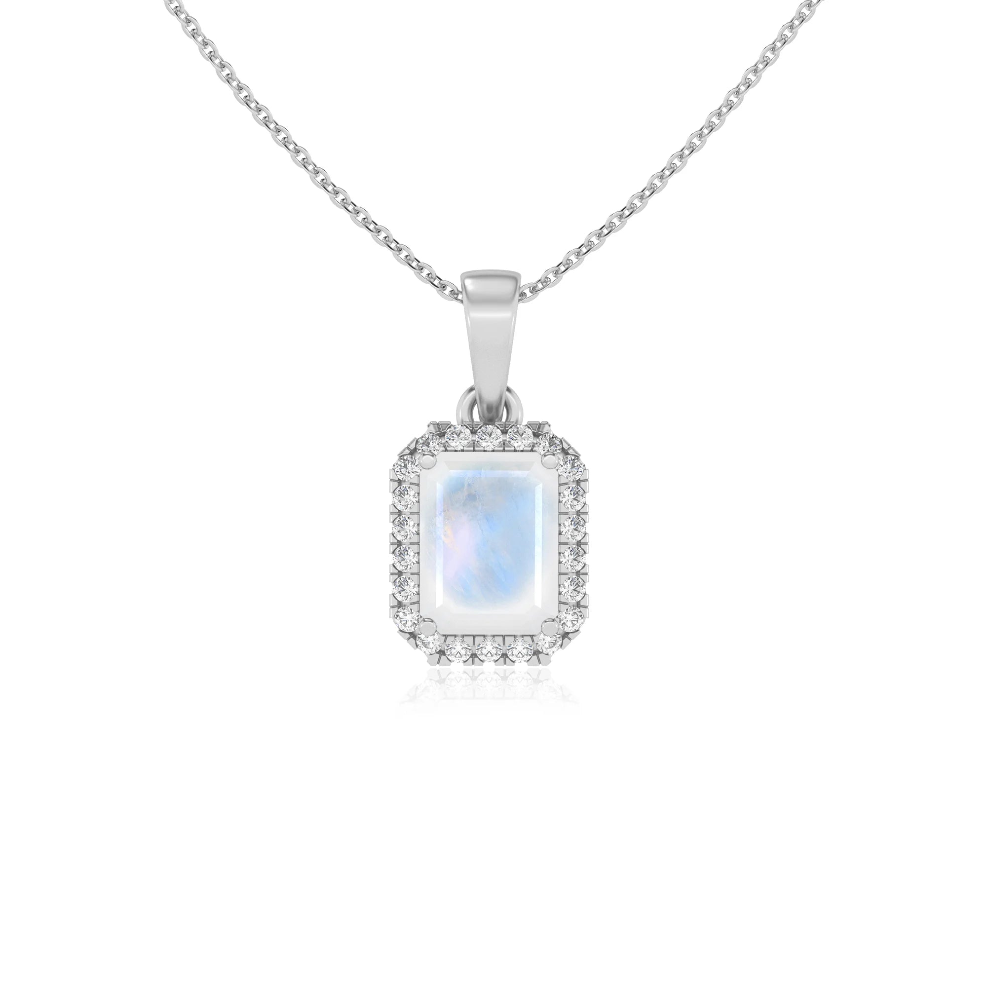 natural rainbow-moonstone emerald cut solitaire necklaces in platinum