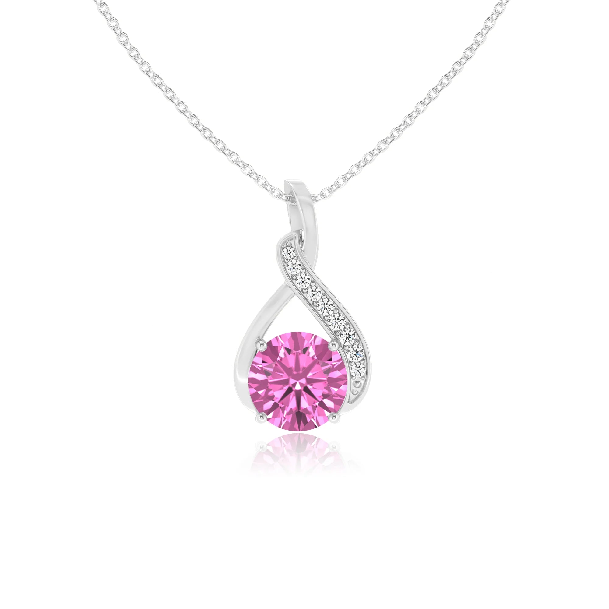 lab grown pink-sapphire round solitaire necklaces in white gold
