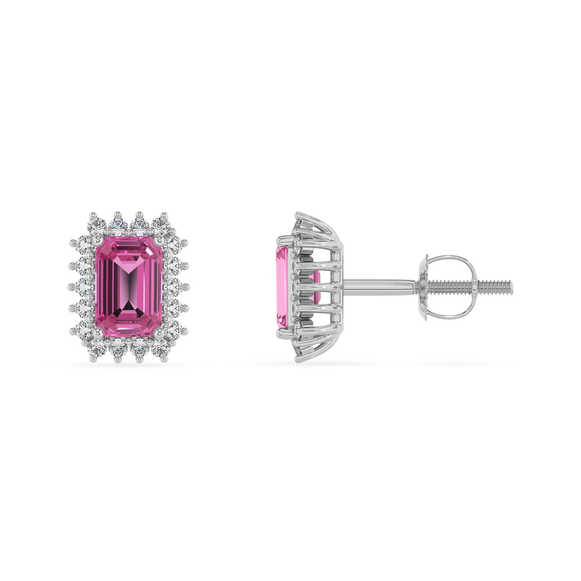 lab grown pink sapphire emerald cut stud earrings in white gold