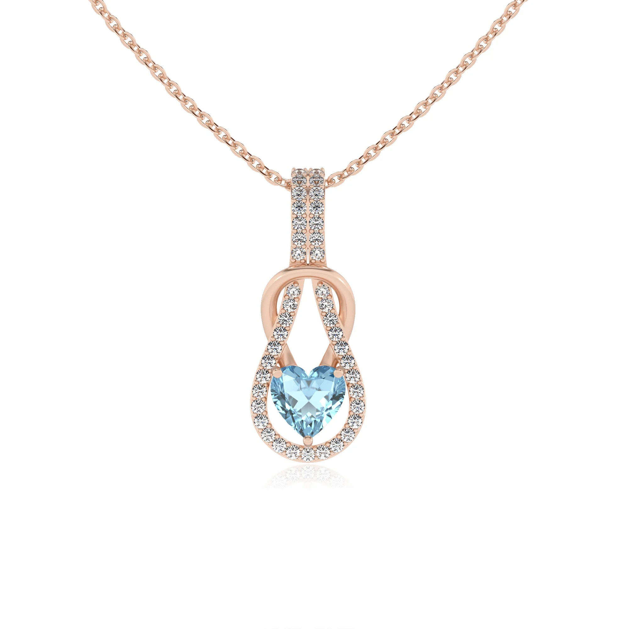 lab grown aquamarine heart infinity v-bale necklaces in rose gold