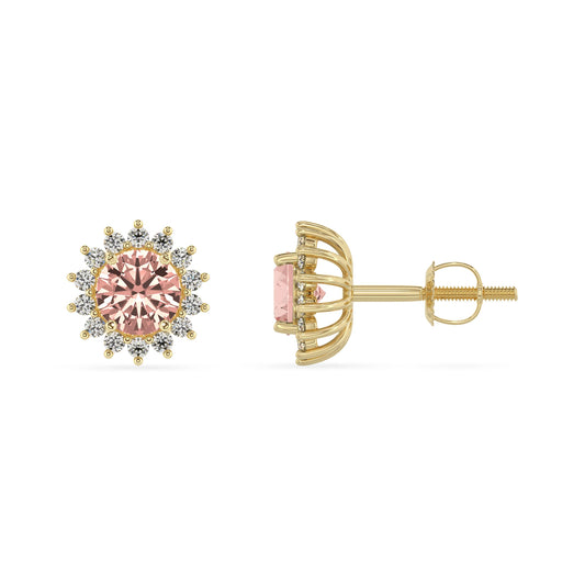 lab grown morganite round stud earrings in yellow gold