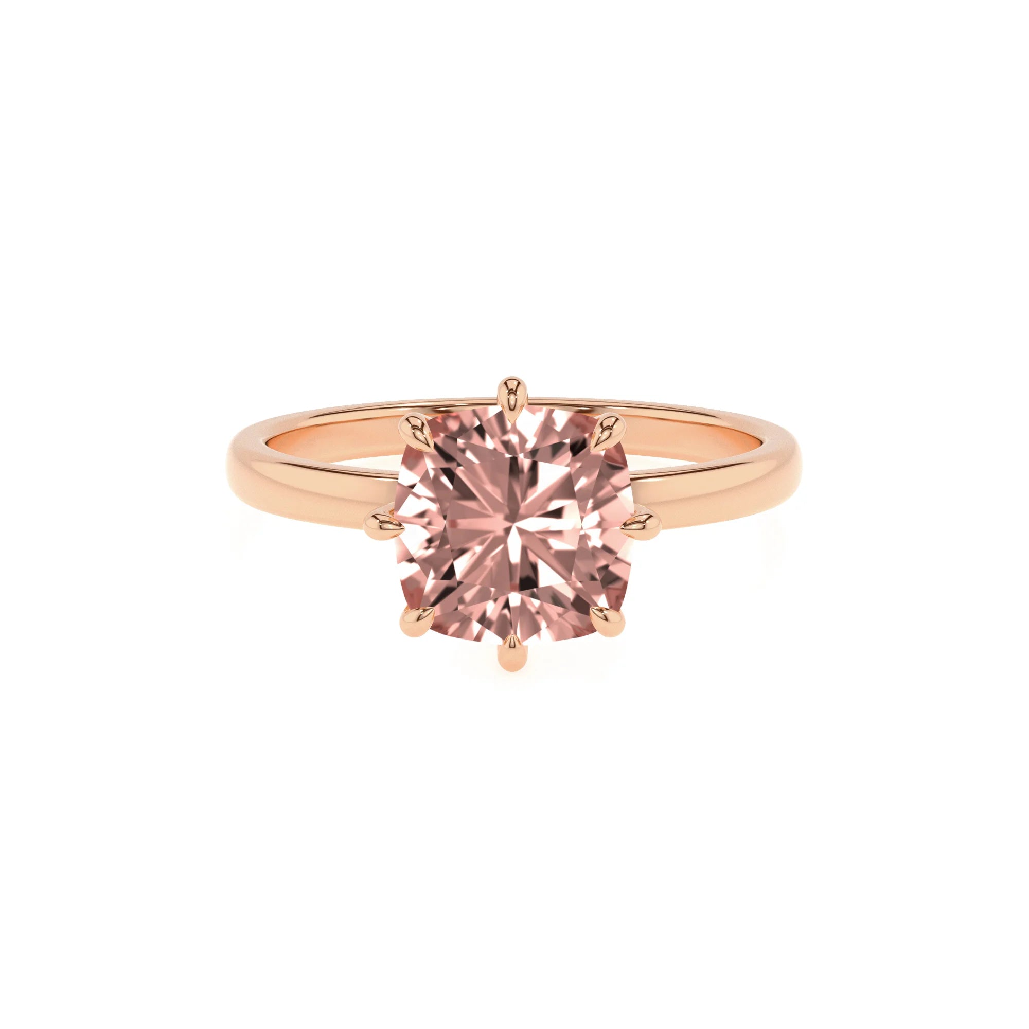 lab grown morganite cushion solitaire rings in rose gold