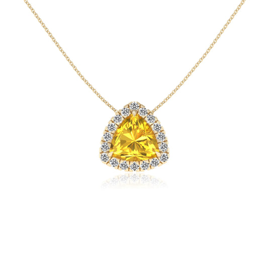 lab grown yellow sapphire trillion solitaire necklaces in yellow gold