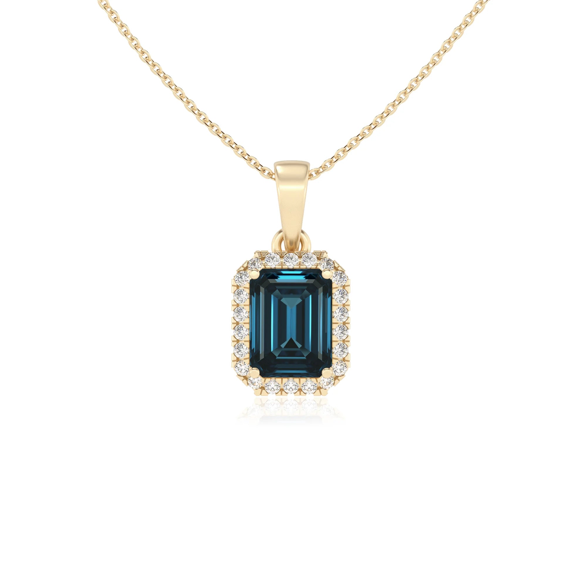 natural london-blue-topaz emerald cut solitaire necklaces in yellow gold