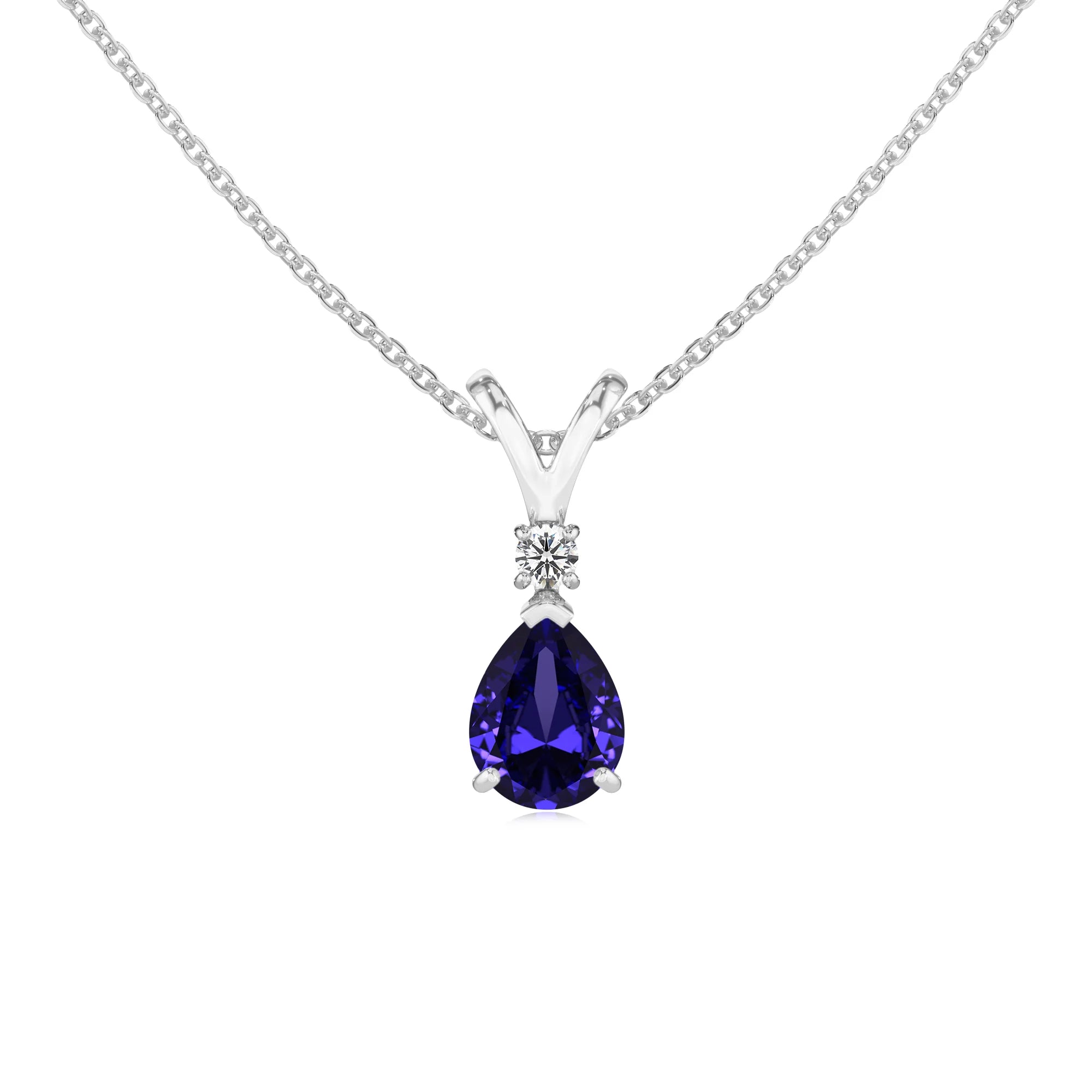 lab grown tanzanite pear solitaire v-bale necklaces in sterling silver