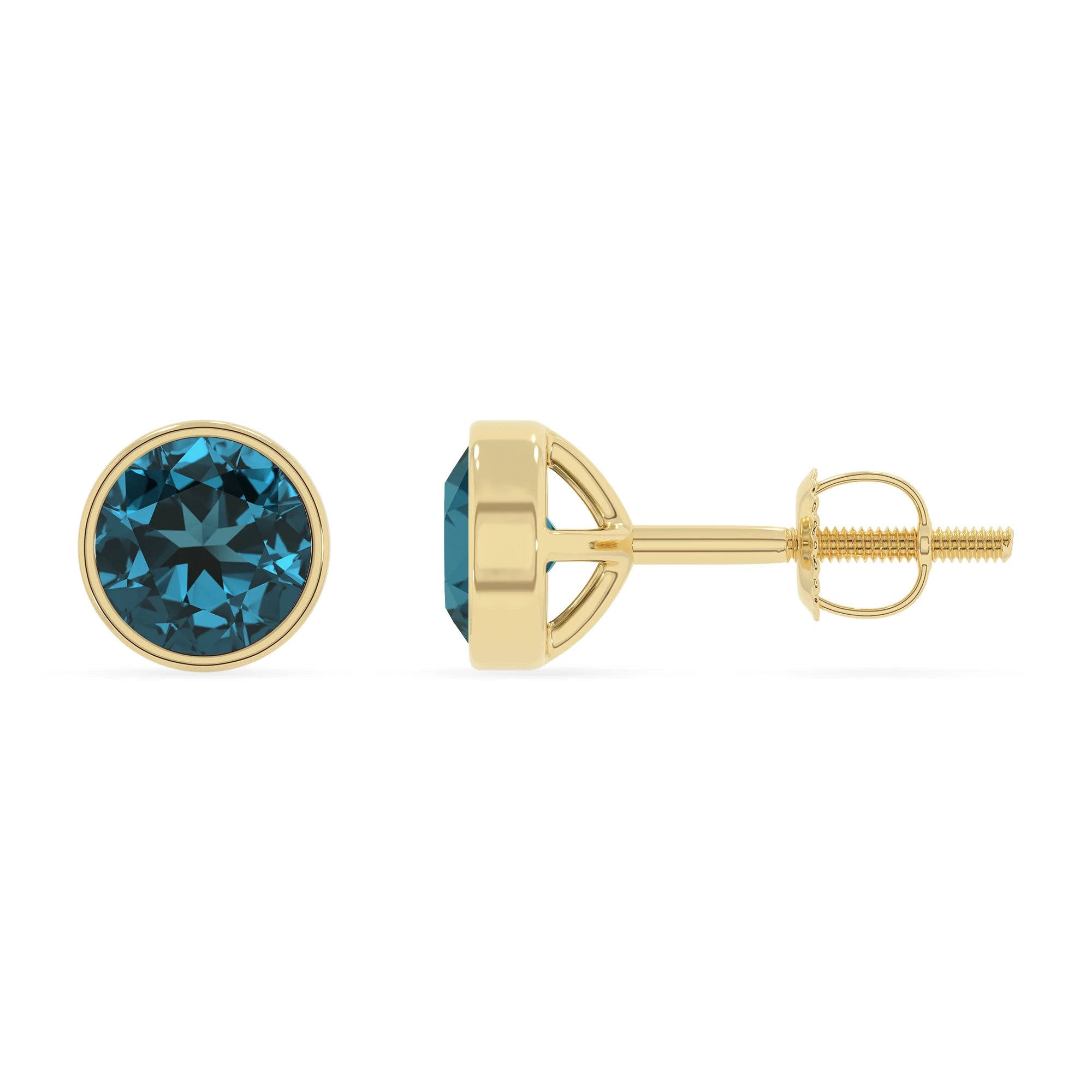 natural london blue topaz round stud earrings in yellow gold