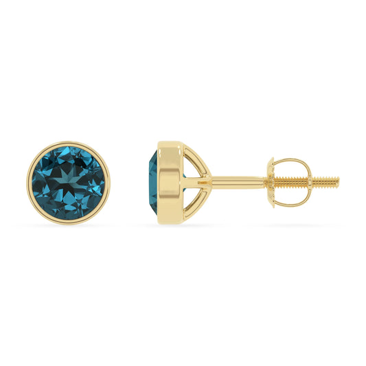 natural london blue topaz round stud earrings in yellow gold