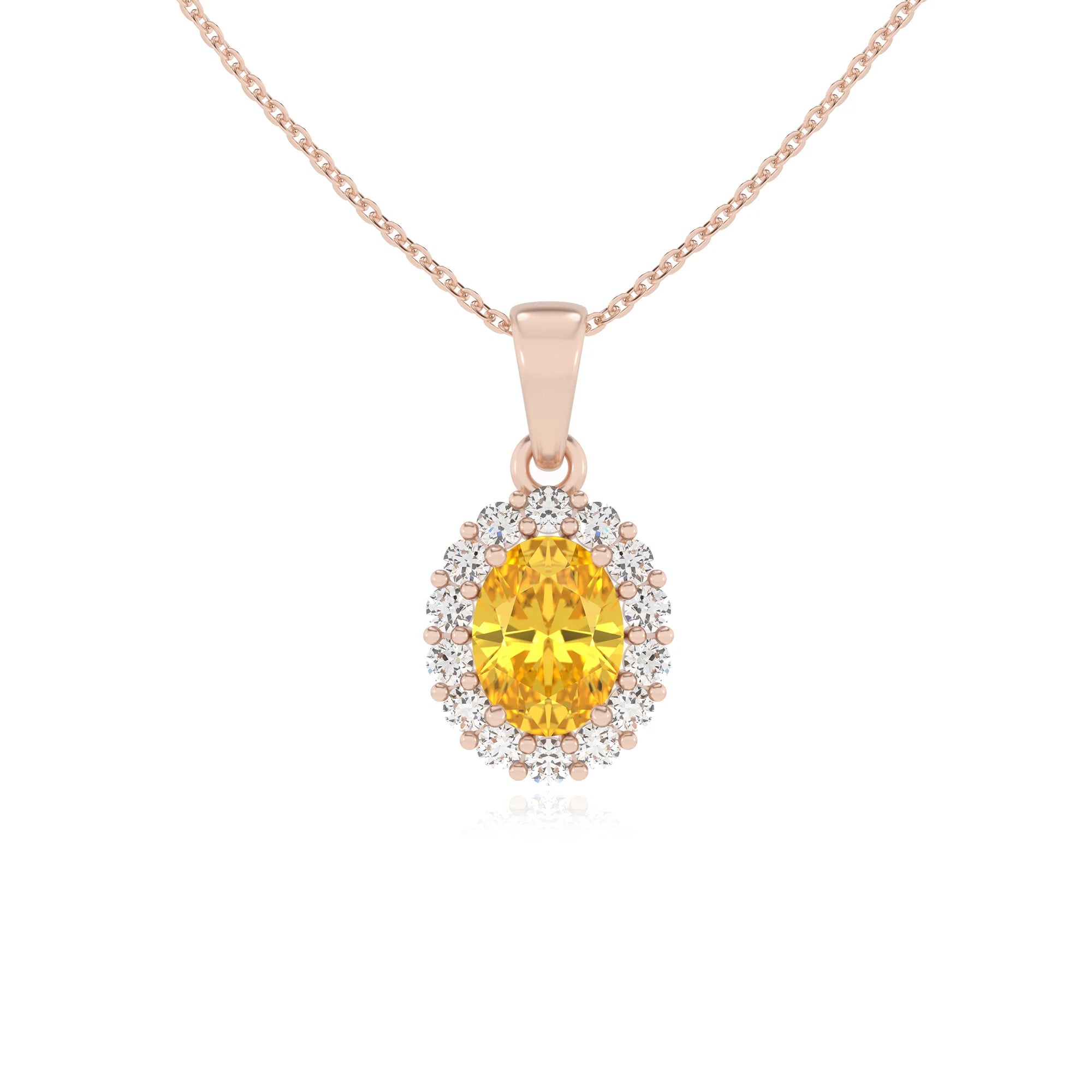 lab grown yellow-sapphire oval solitaire necklaces in rose gold