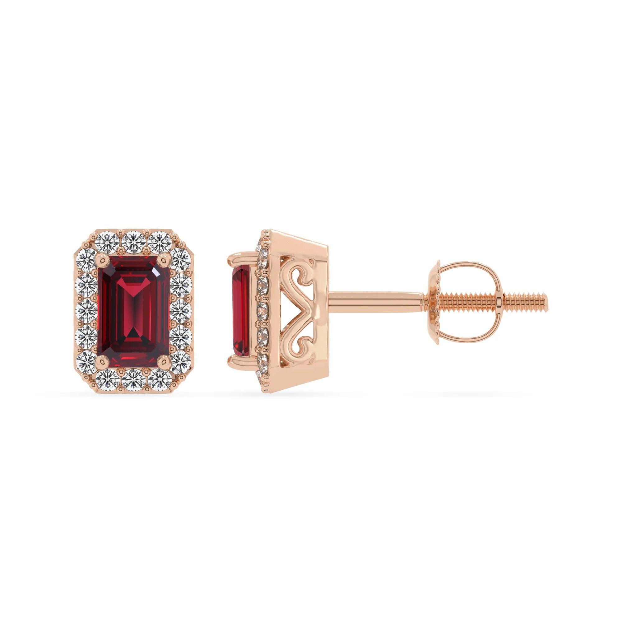 lab grown ruby emerald cut stud earrings in rose gold