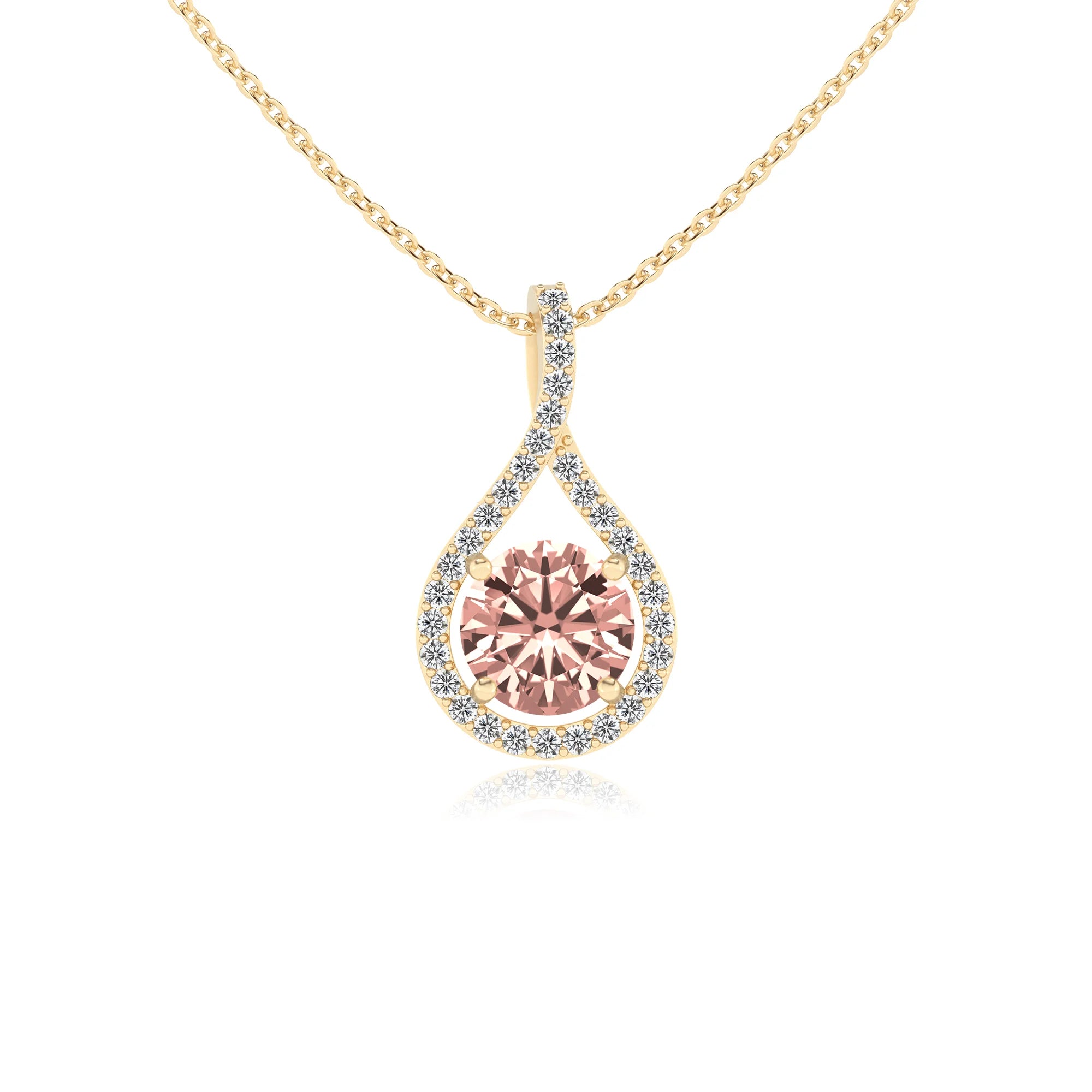 lab grown morganite round solitaire necklaces in yellow gold