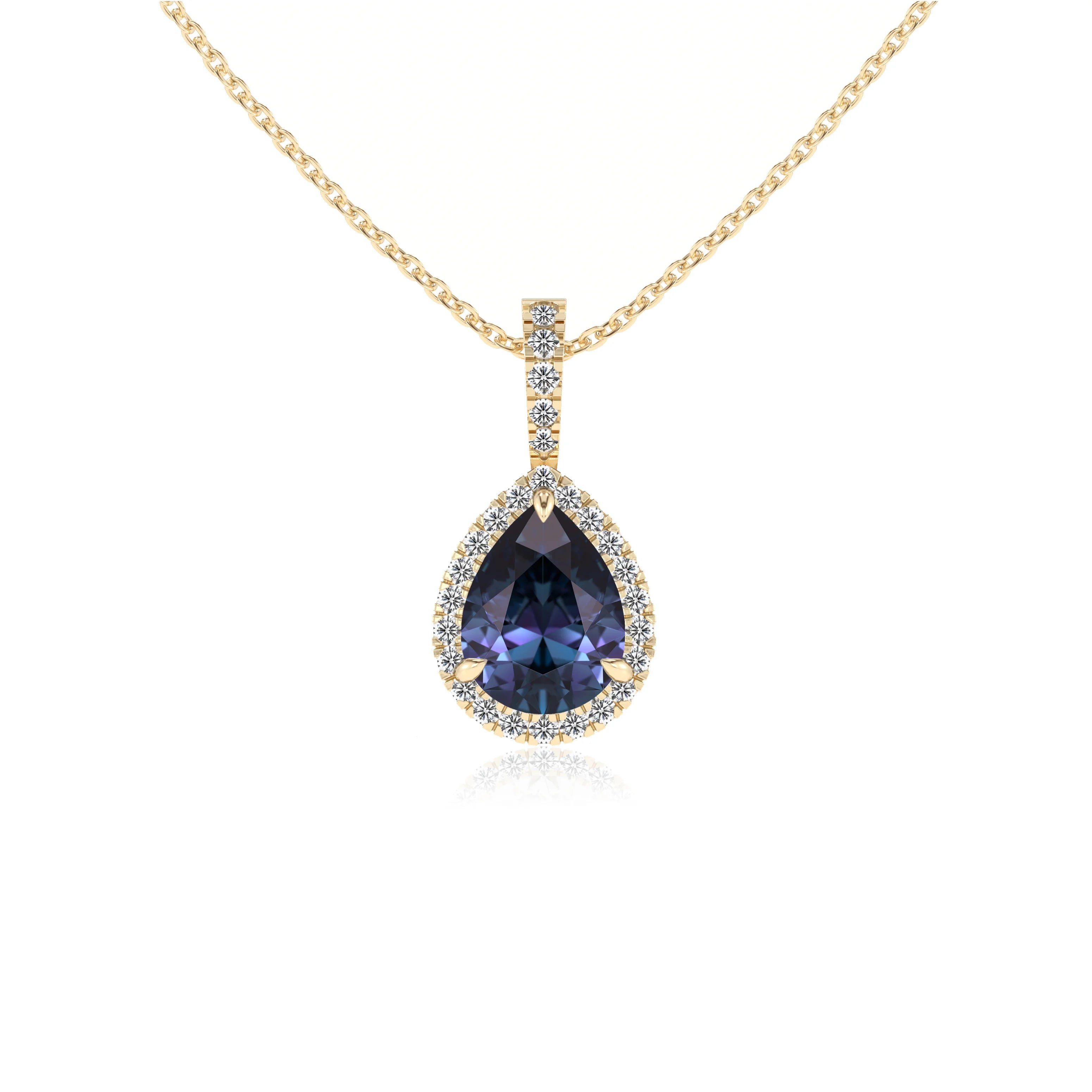 lab grown alexandrite pear solitaire necklaces in yellow gold