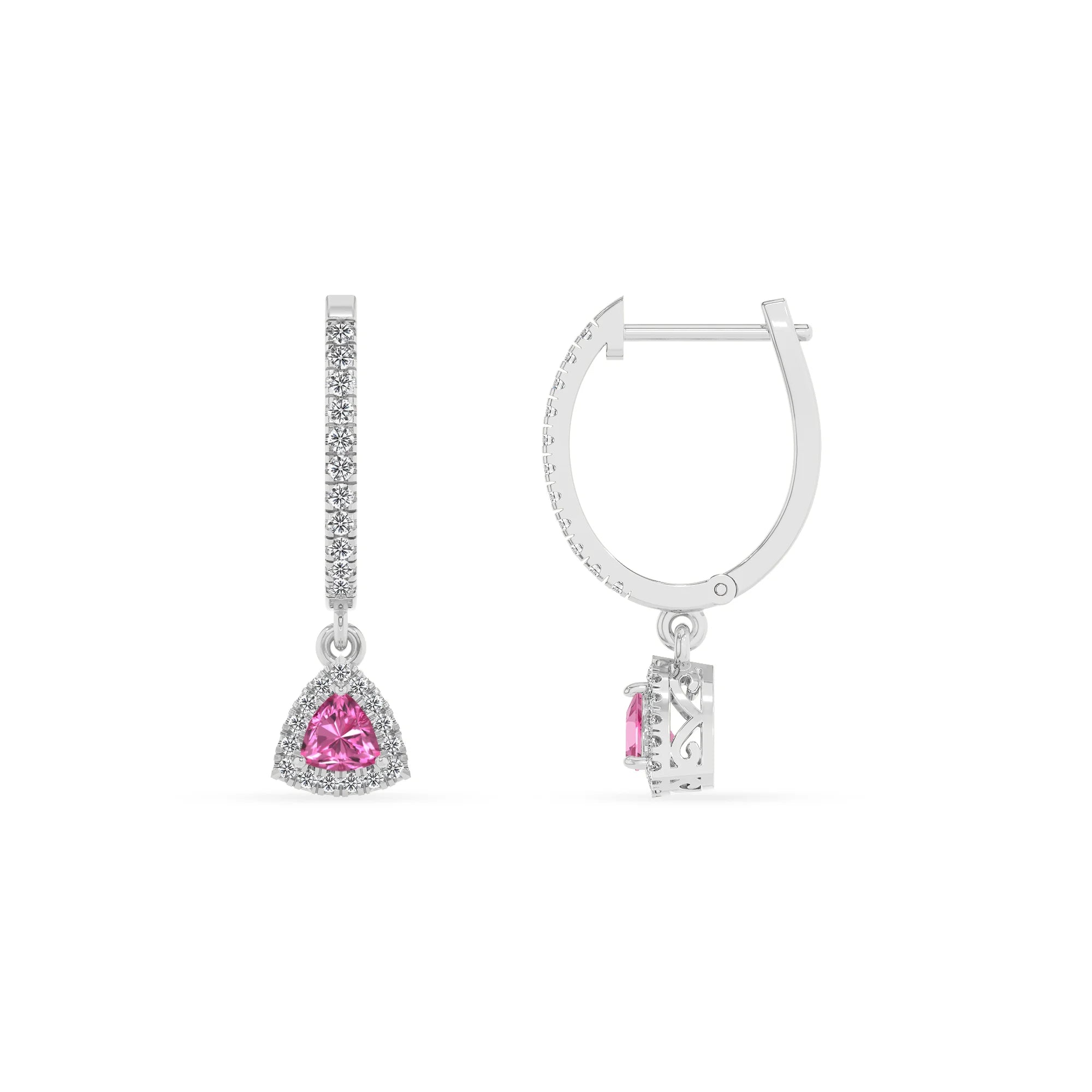 lab grown pink sapphire trillion drop earrings in white gold