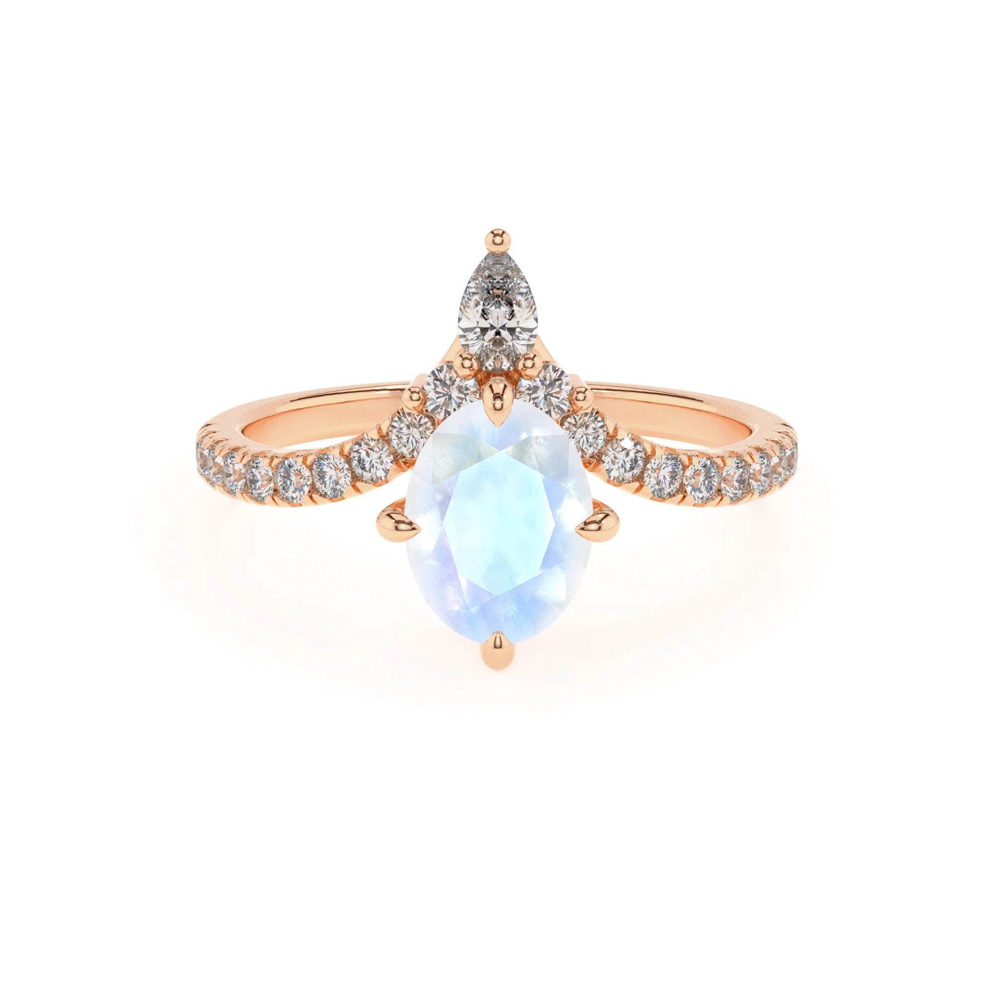 natural rainbow-moonstone oval solitaire rings in rose gold