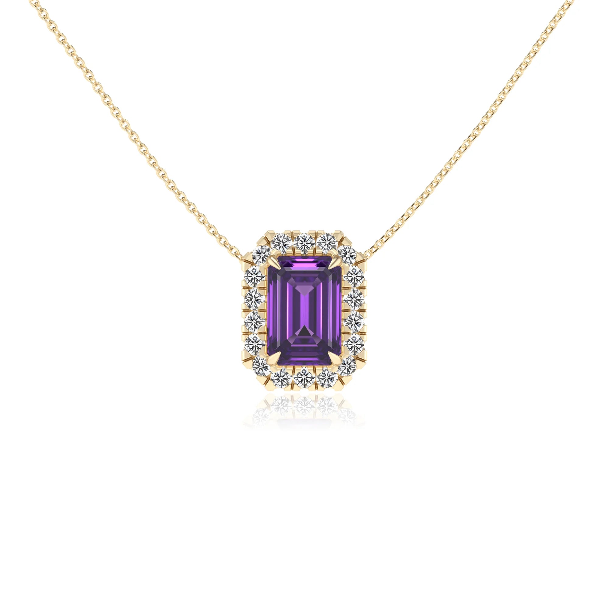 lab grown amethyst emerald cut solitaire necklaces in yellow gold