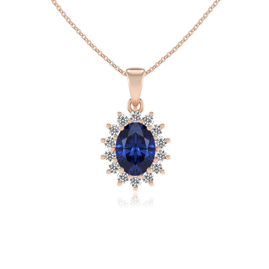 lab grown blue-sapphire oval halo necklaces in rose gold