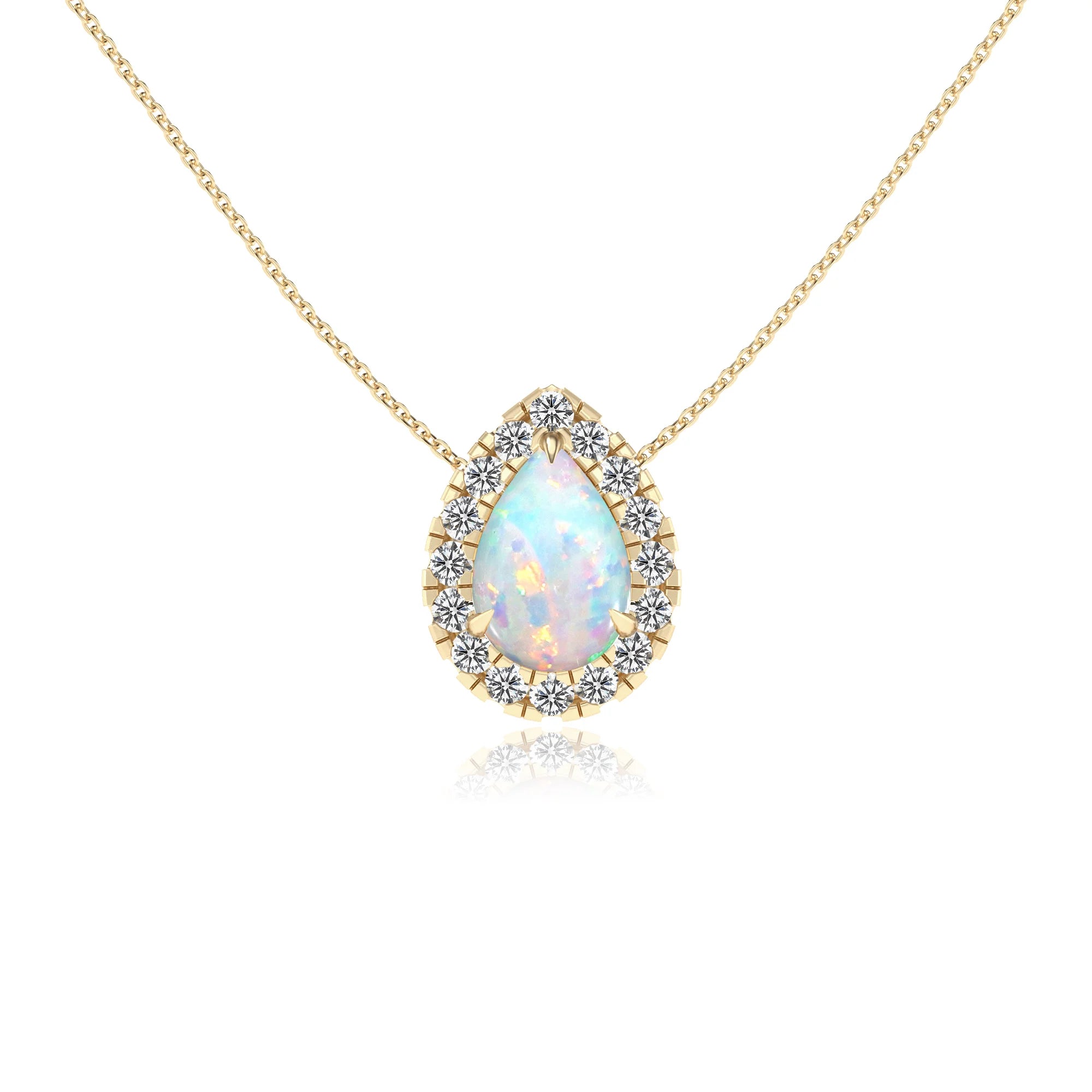 lab grown opal pear solitaire necklaces in yellow gold