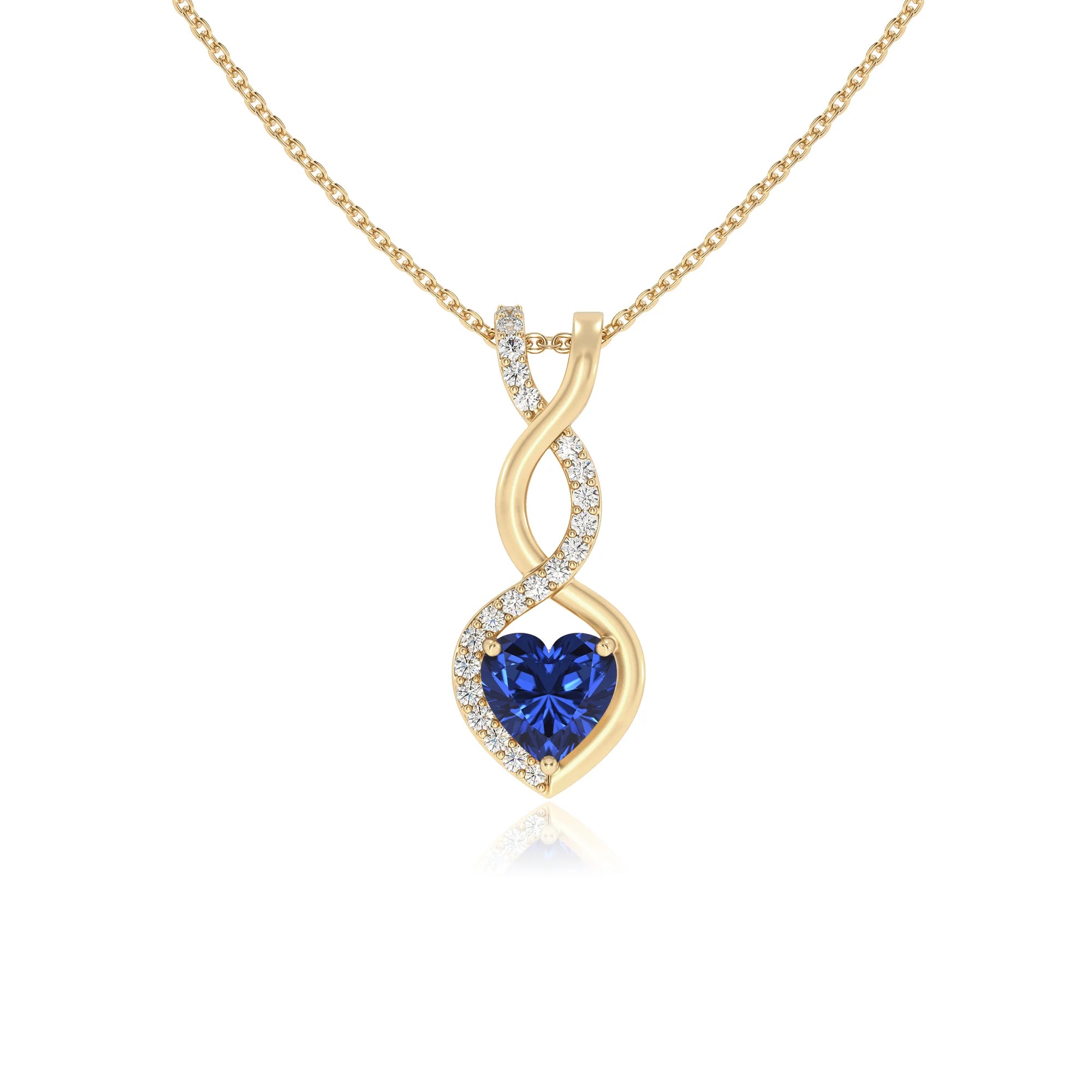 lab grown blue-sapphire heart infinity necklaces in yellow gold