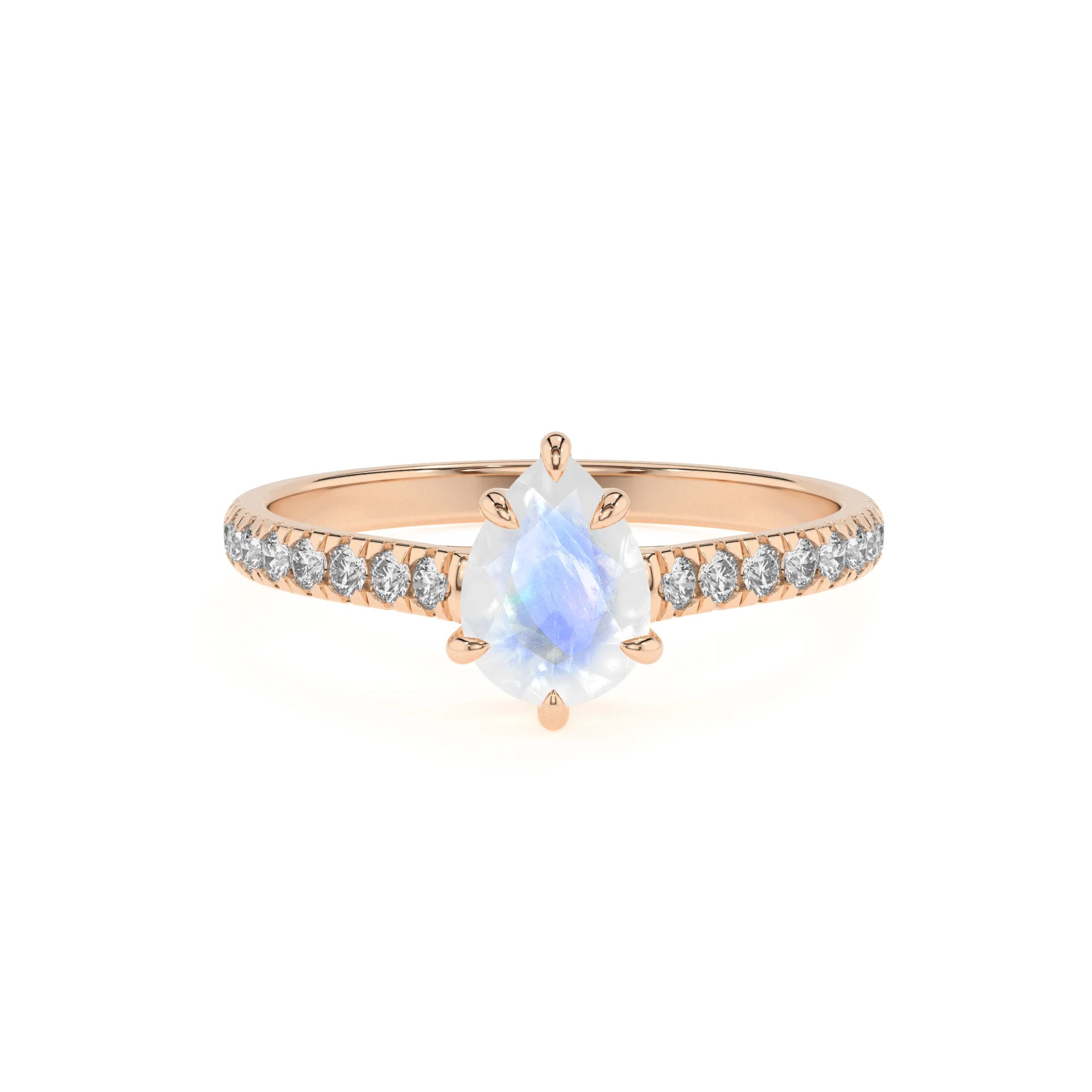 natural rainbow-moonstone pear half eternity solitaire engagement rings in rose gold