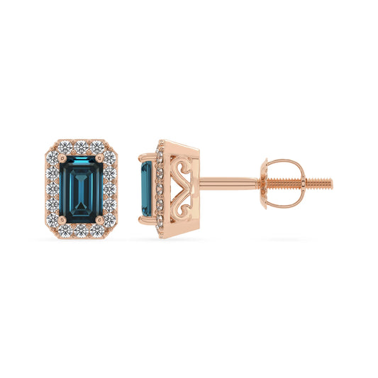 natural london blue topaz emerald cut stud earrings in rose gold