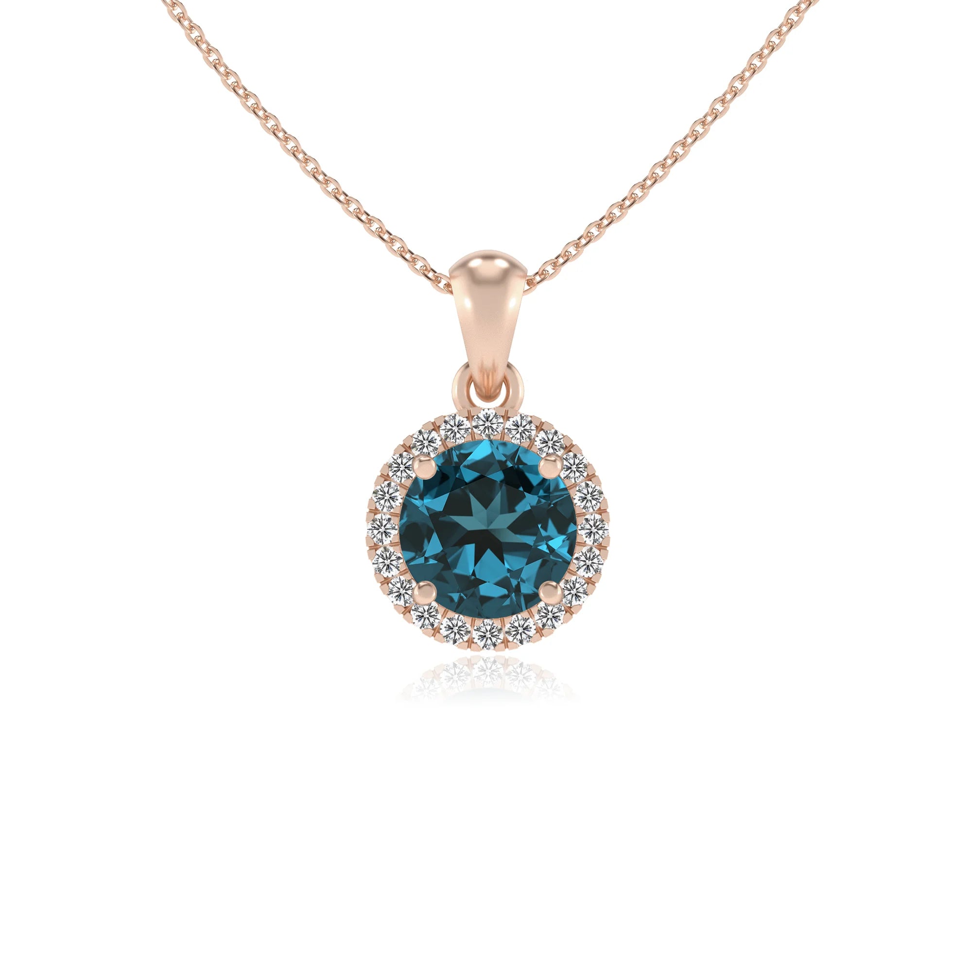 natural london-blue-topaz round solitaire necklaces in rose gold