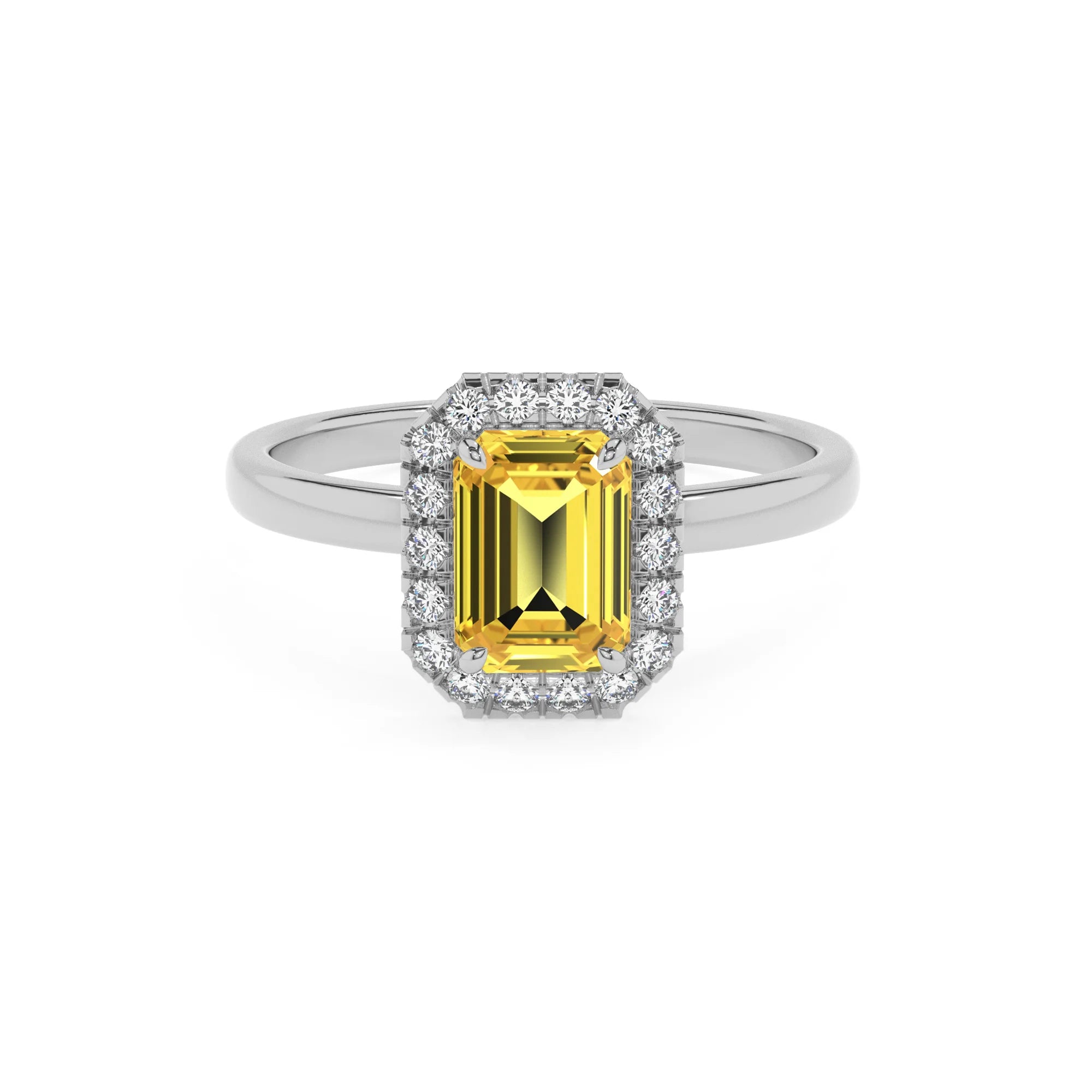 lab grown yellow-sapphire emerald cut solitaire rings in white gold