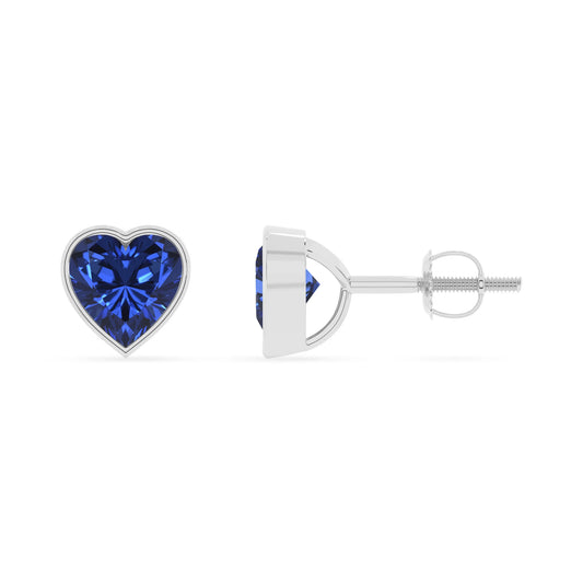 lab grown blue sapphire heart stud earrings in white gold