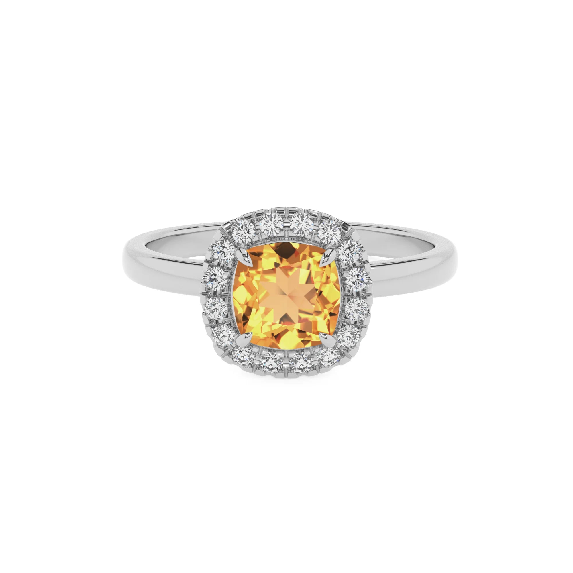 lab grown citrine cushion solitaire rings in white gold