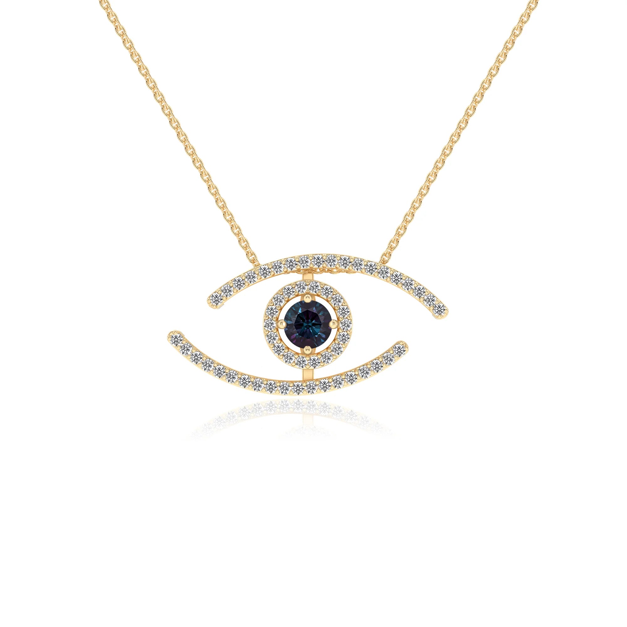 lab grown alexandrite round solitaire necklaces in yellow gold