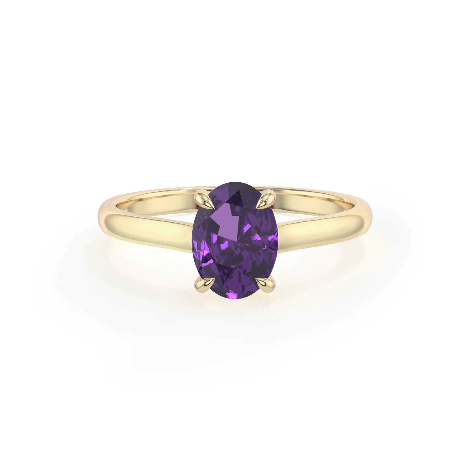 lab grown amethyst oval solitaire rings in yellow gold