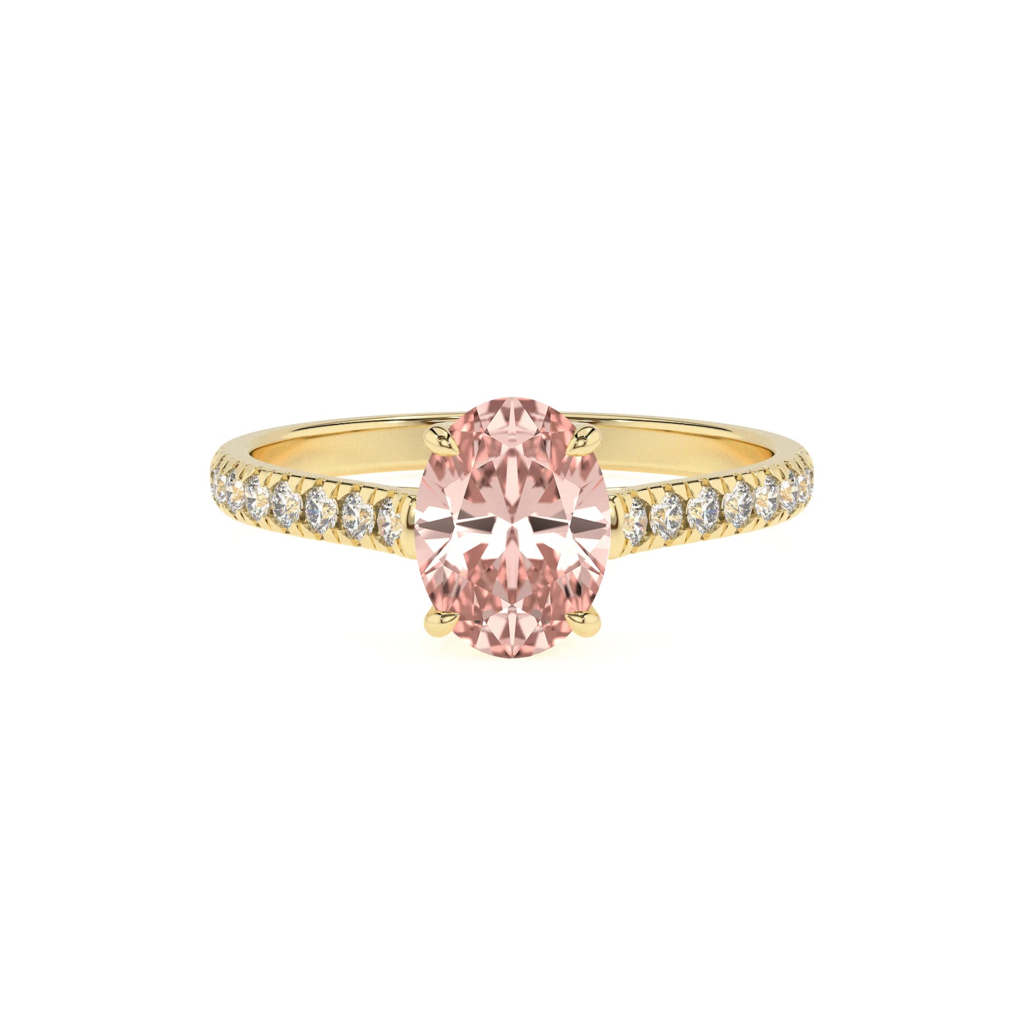 lab grown morganite oval half eternity solitaire engagement rings in yellow gold
