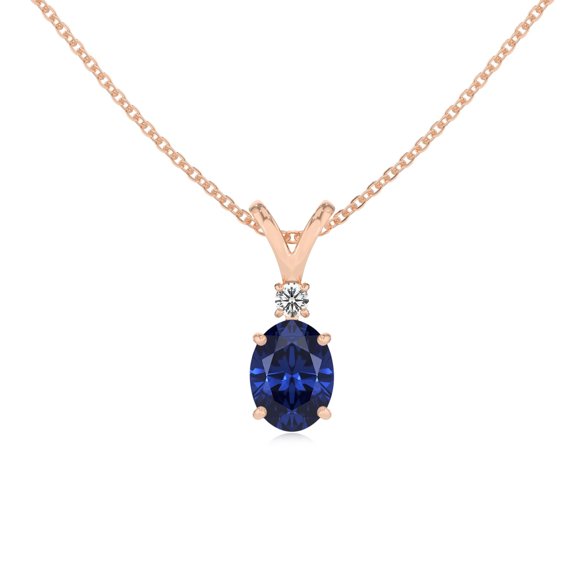 lab grown blue-sapphire oval solitaire v-bale necklaces in rose gold