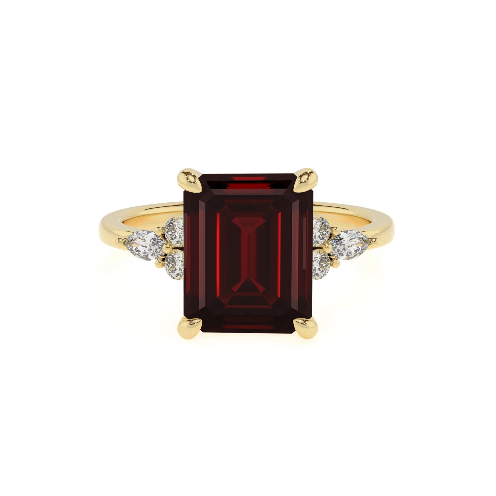 natural garnet emerald cut solitaire rings in yellow gold
