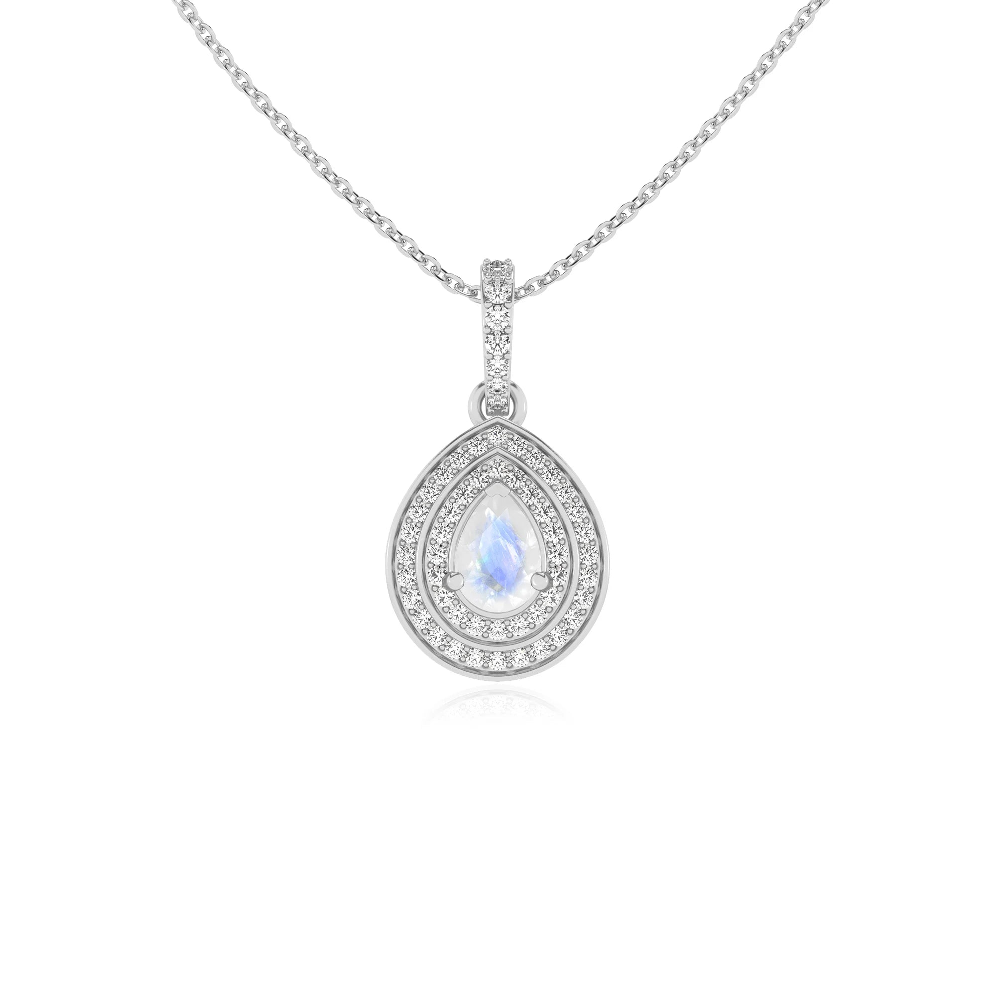 natural rainbow-moonstone pear halo necklaces in white gold
