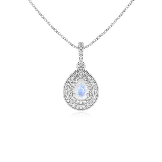 natural rainbow-moonstone pear halo necklaces in white gold