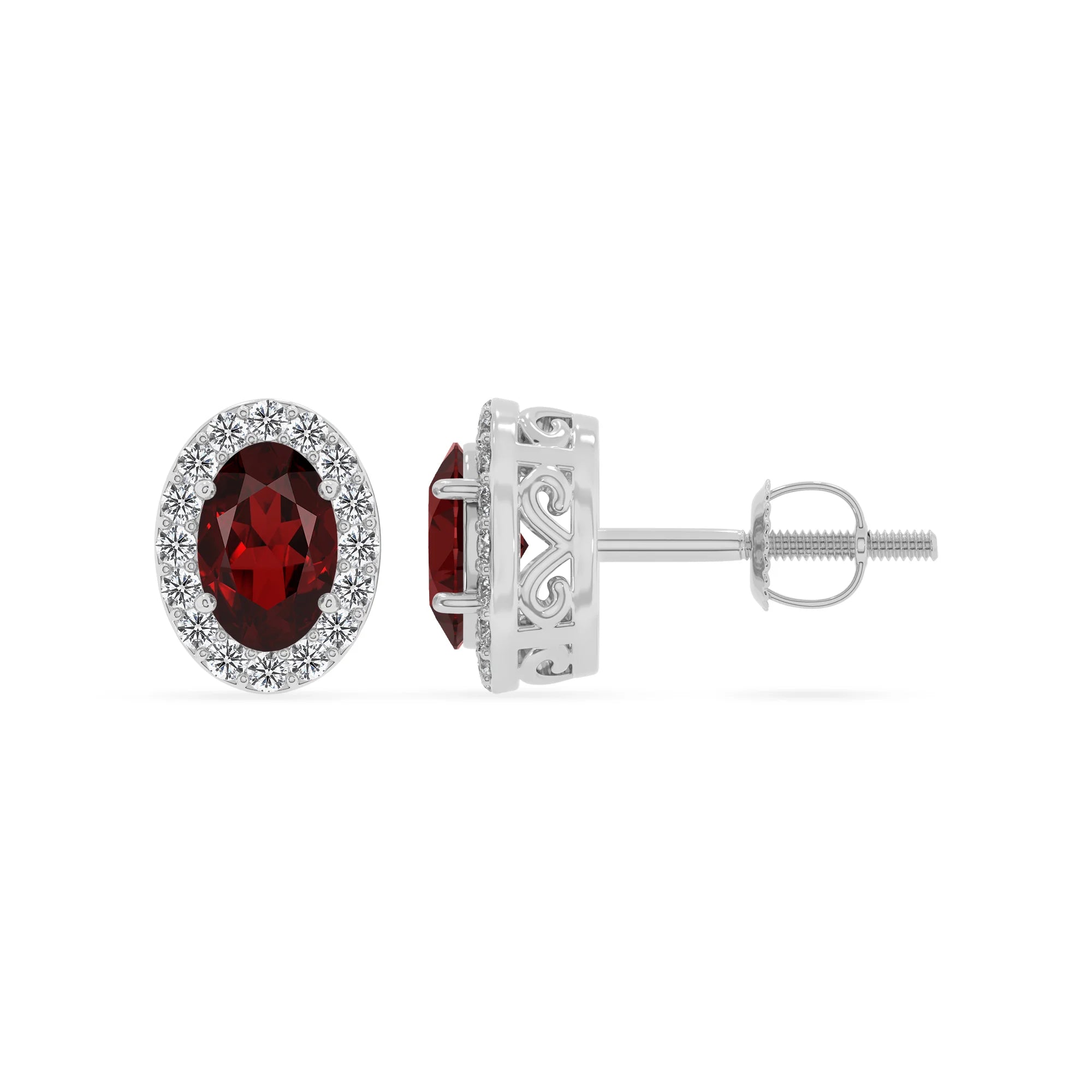 natural garnet oval stud earrings in platinum