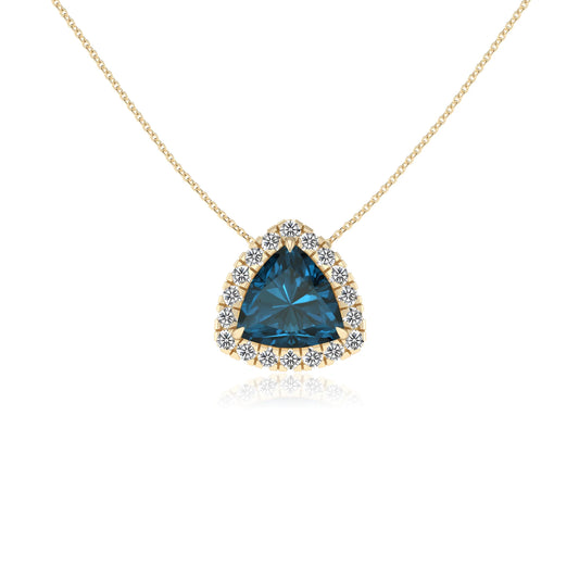 natural london blue topaz trillion solitaire necklaces in yellow gold