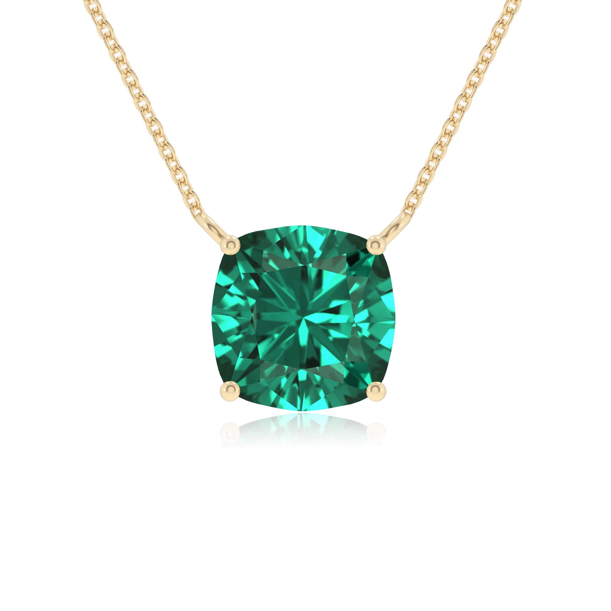 lab grown emerald cushion solitaire necklaces in yellow gold