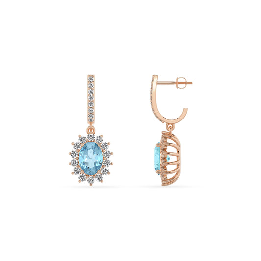 lab grown aquamarine oval drop earrings in rose gold
