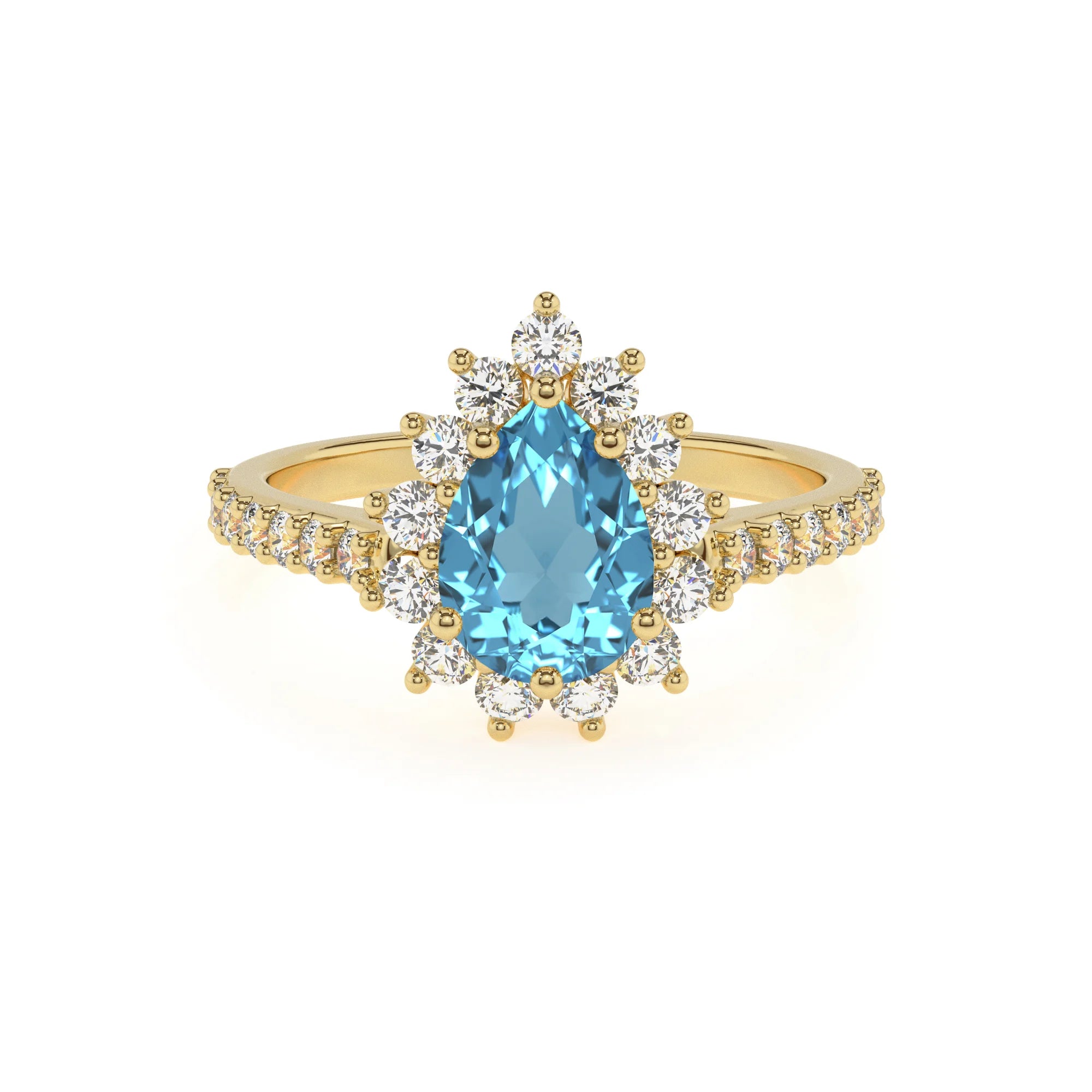 natural swiss-blue-topaz pear solitaire rings in yellow gold