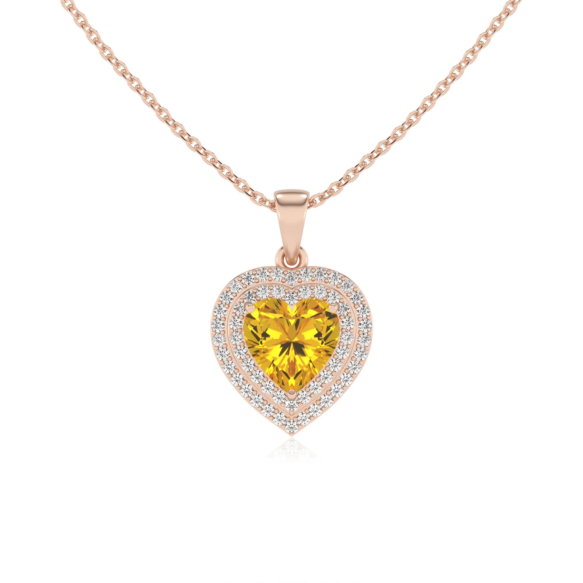 lab grown yellow sapphire heart halo necklaces in rose gold