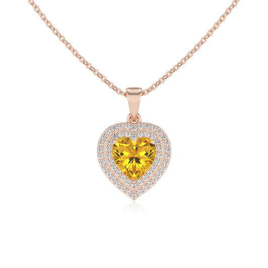 lab grown yellow sapphire heart halo necklaces in rose gold