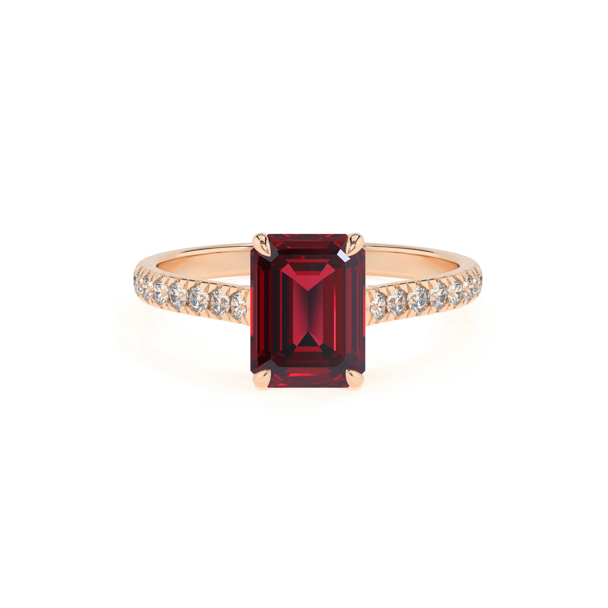 lab grown ruby emerald cut half eternity solitaire engagement rings in rose gold