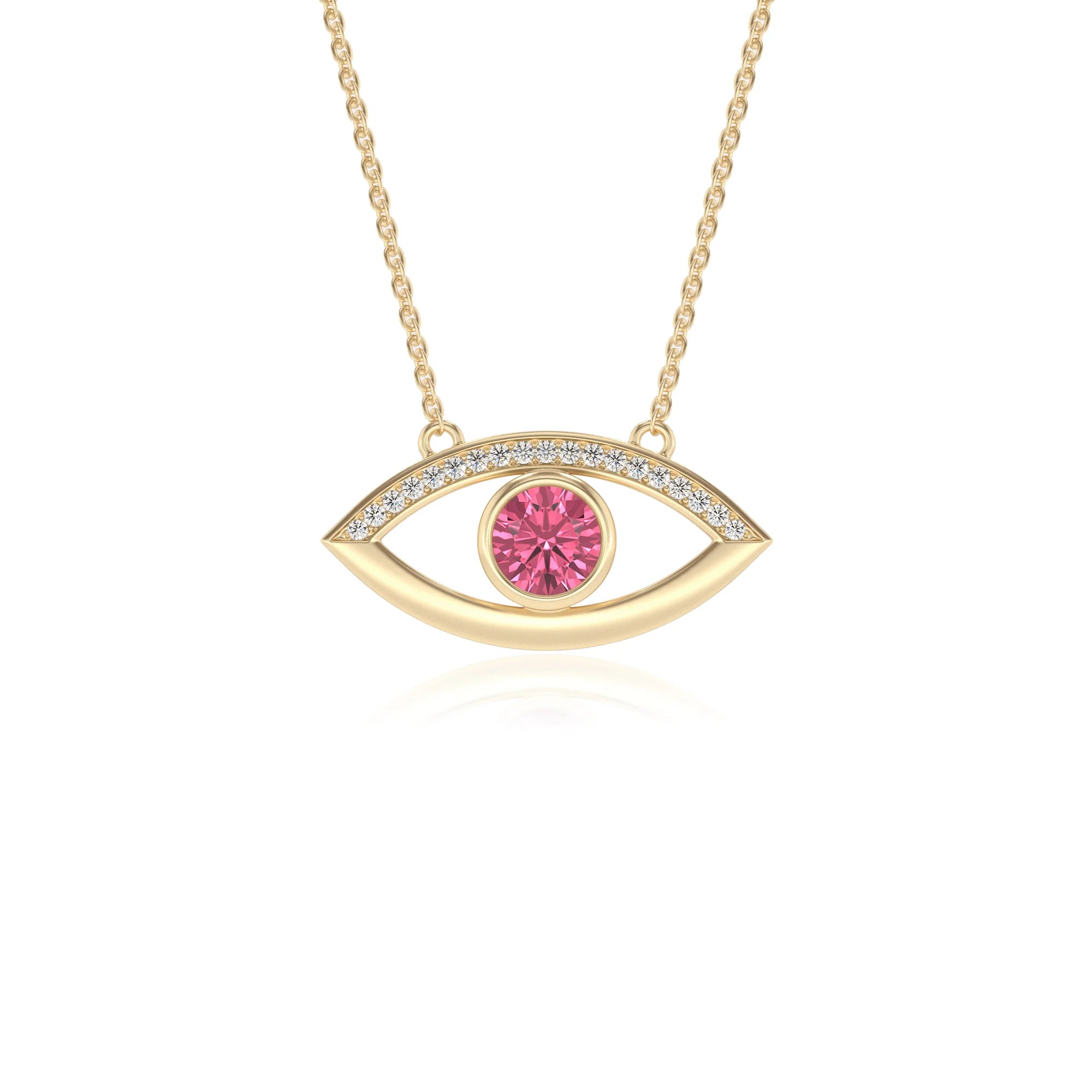 lab grown pink-tourmaline round solitaire necklaces in yellow gold